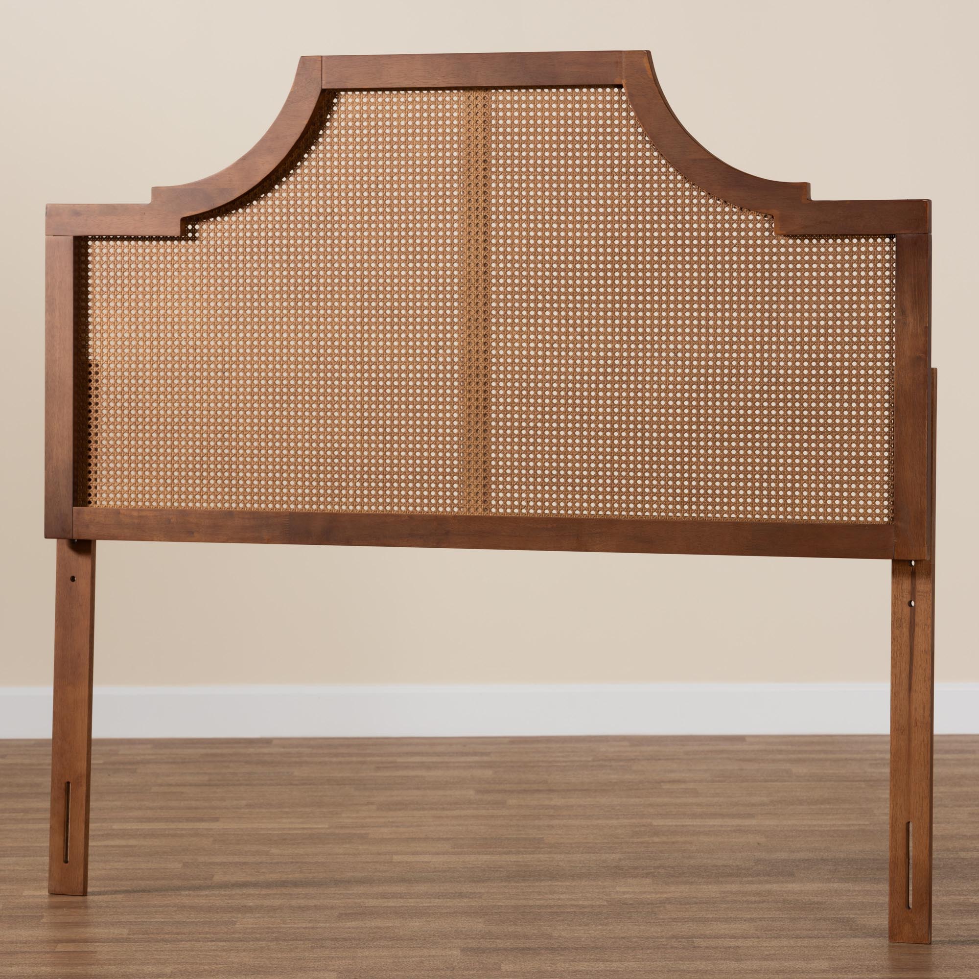 Baxton Studio Risha Mid-Century Modern Ash Walnut Finished Wood and Rattan King Size Headboard