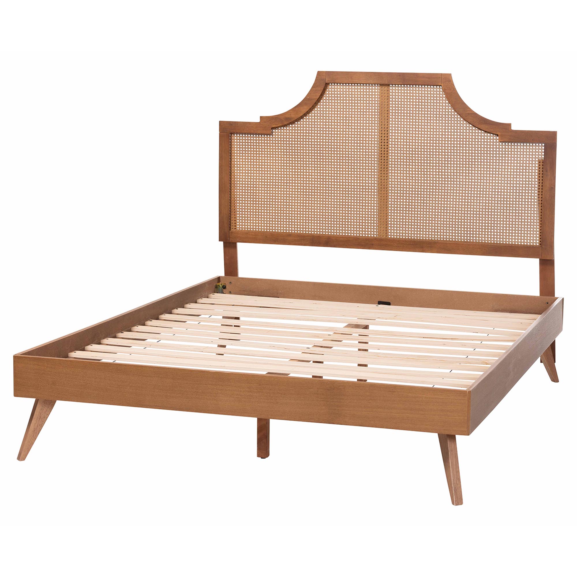 Baxton Studio Rodolfo Platform Bed - Mid-Century Modern Bed with Woven Rattan Headboard, Queen