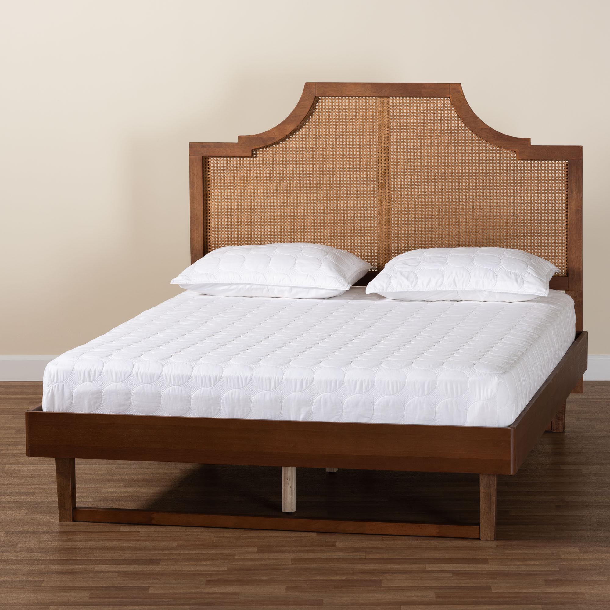 Baxton Studio Francine Mid-Century Modern Ash Walnut Woven Rattan Queen Size Bed