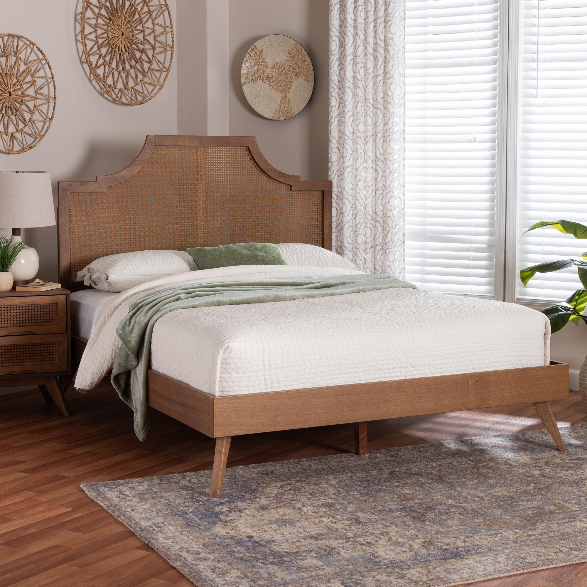 Baxton Studio Rodolfo Platform Bed - Mid-Century Modern Bed with Woven Rattan Headboard, King