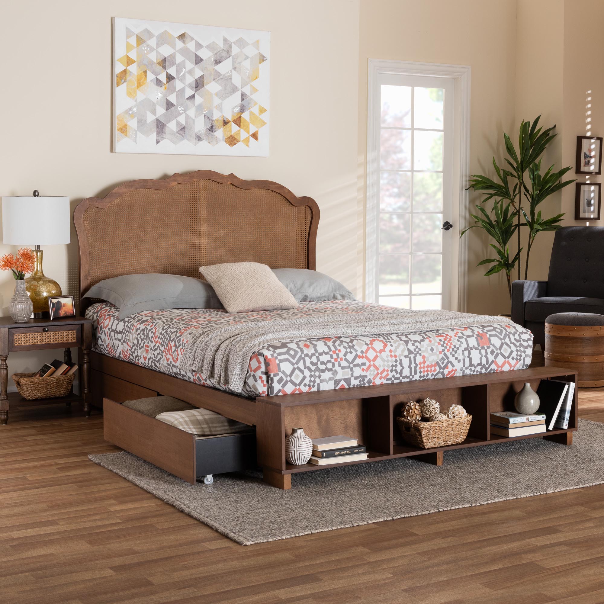 Baxton Studio Latrell Mid-Century Walnut Brown Wood and Rattan Queen Size Storage Bed