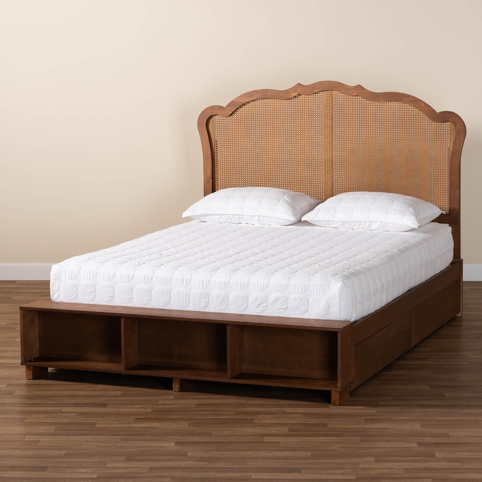 Baxton Studio Latrell Mid-Century Walnut Brown Wood and Rattan Queen Size Storage Bed