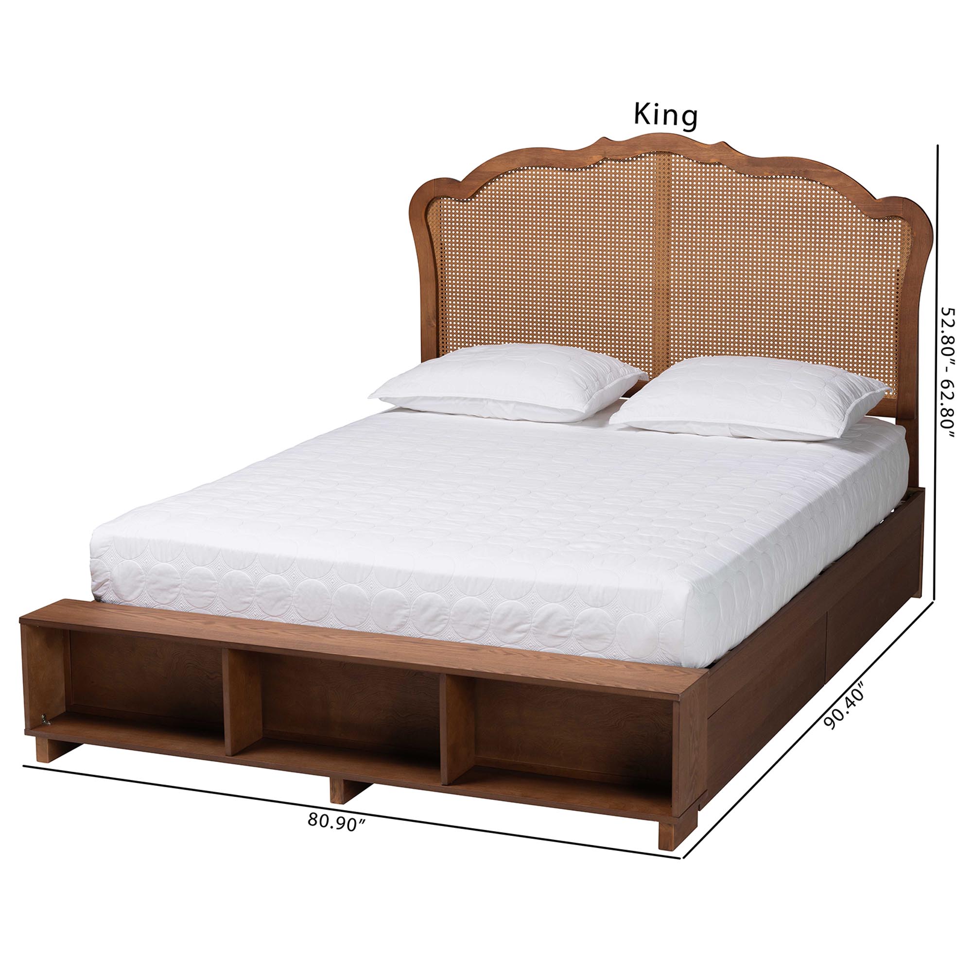 Baxton Studio Latrell Mid-Century Walnut Brown Wood and Rattan Queen Size Storage Bed