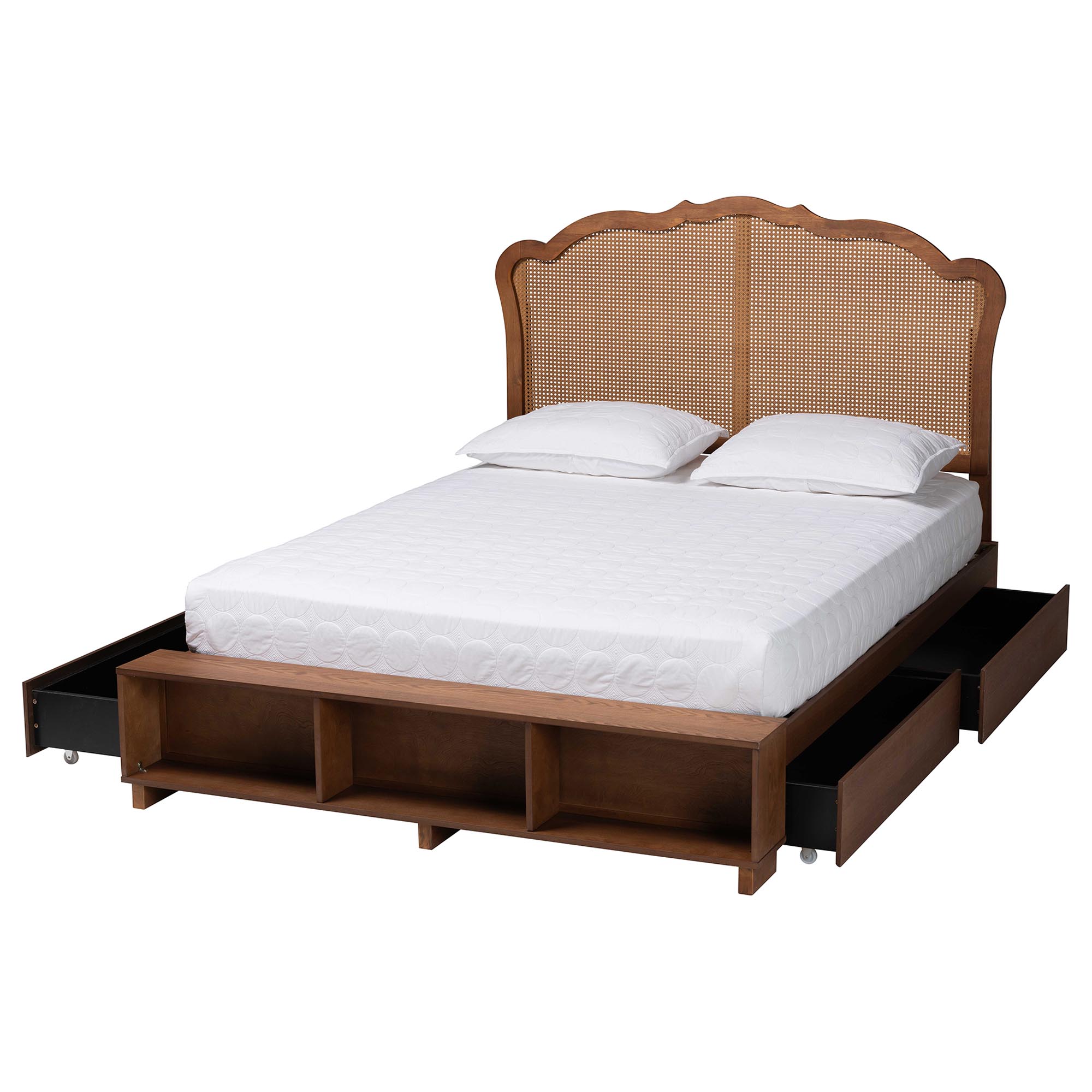 Baxton Studio Latrell Mid-Century Walnut Brown Wood and Rattan Queen Size Storage Bed