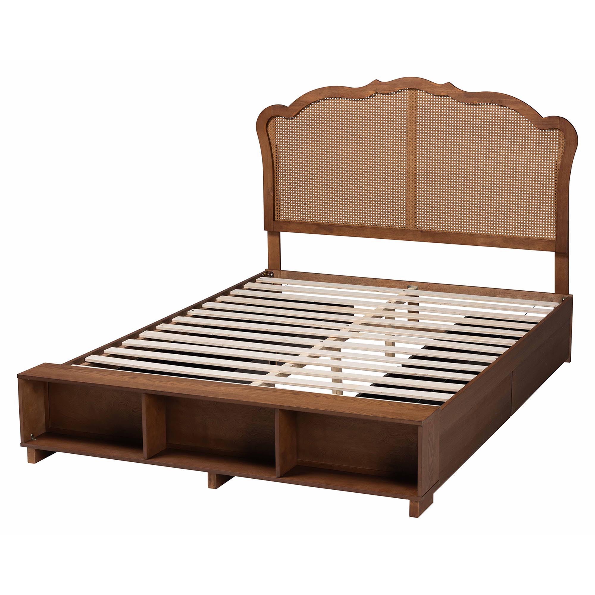 Baxton Studio Latrell Mid-Century Walnut Brown Wood and Rattan Queen Size Storage Bed