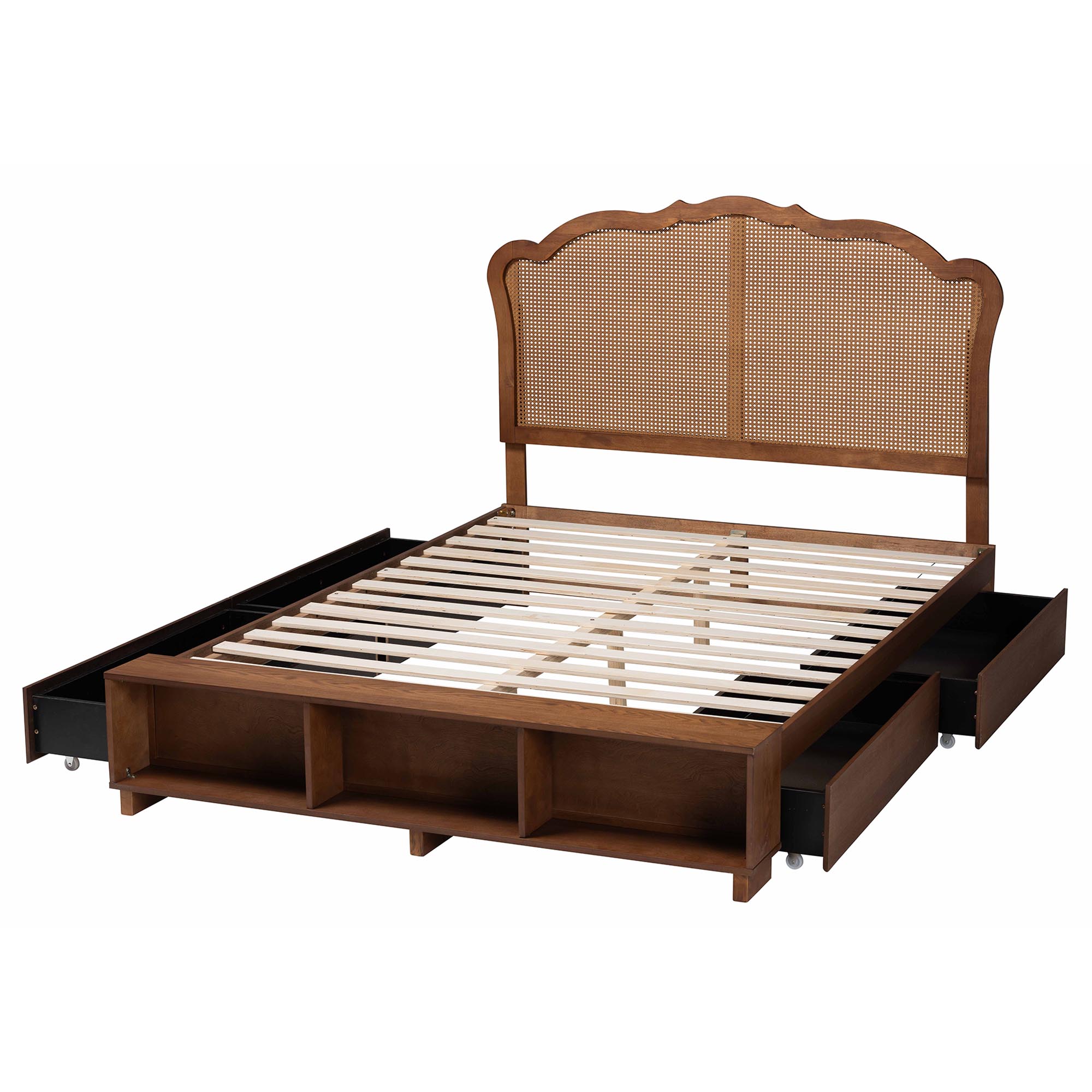 Baxton Studio Latrell Mid-Century Walnut Brown Wood and Rattan Queen Size Storage Bed