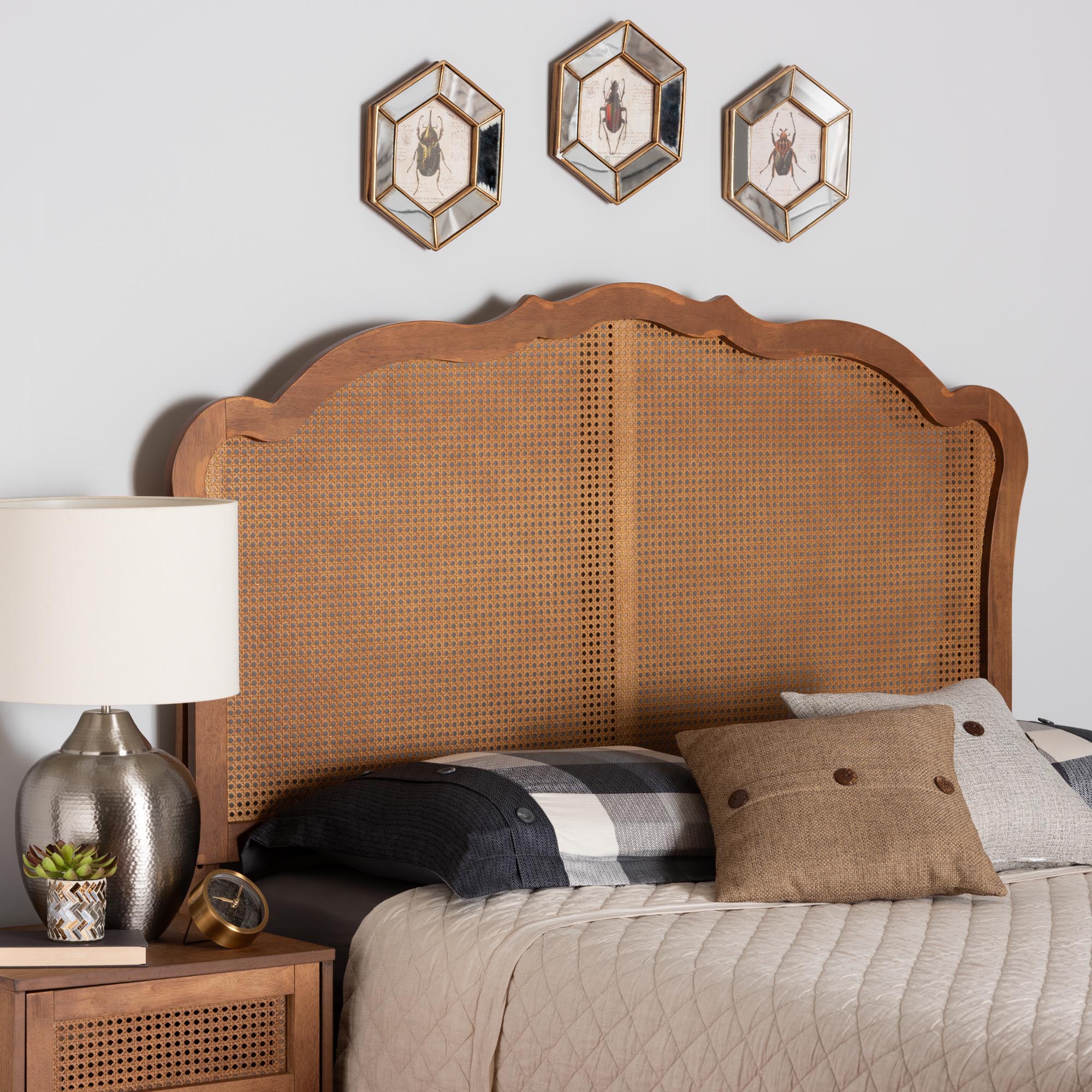 Baxton Studio Leandra Classic and Traditional Ash Walnut Finished Wood King Size Headboard with Rattan