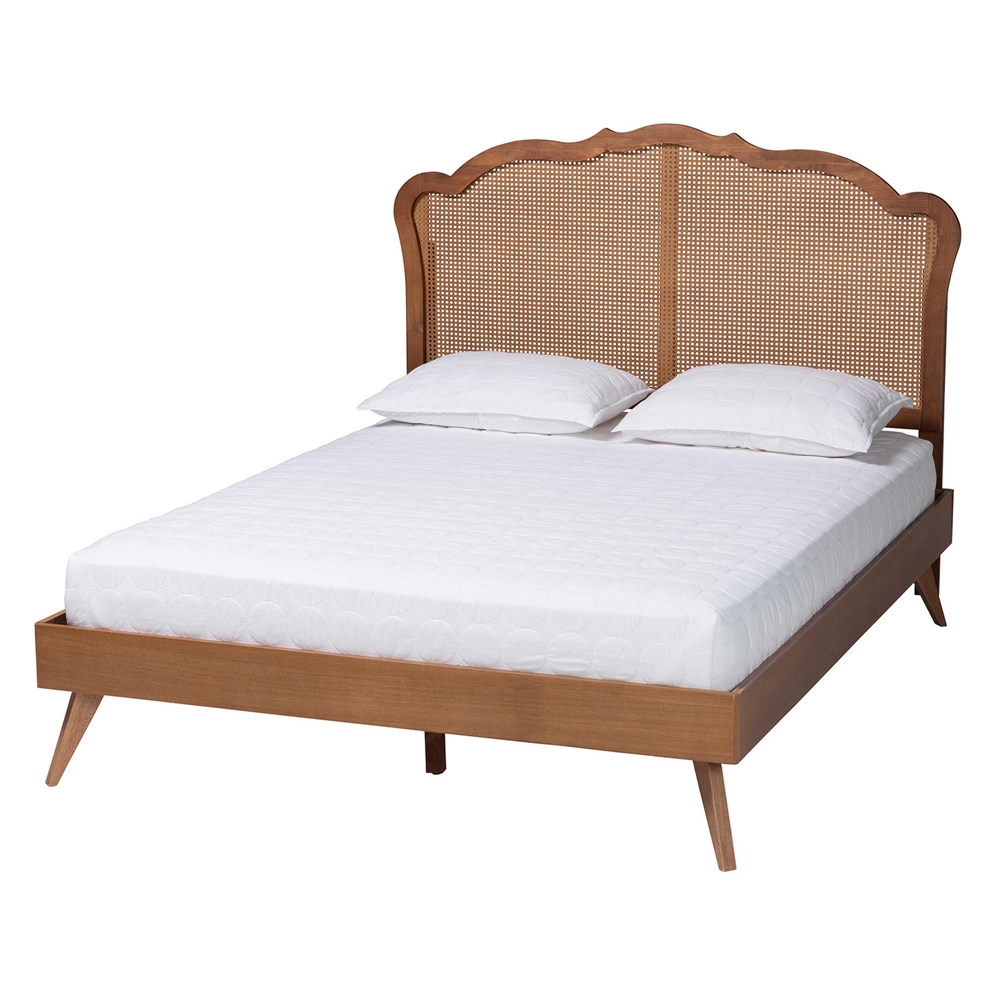 Baxton Studio Aithan Mid-Century Walnut Brown Wood and Rattan Queen Size Platform Bed