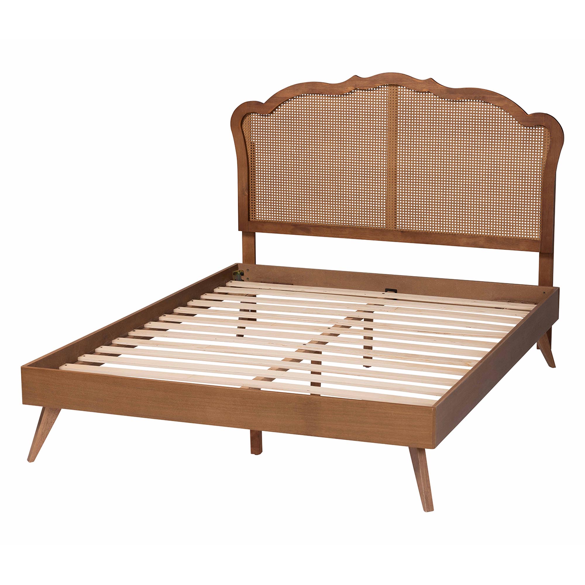 Baxton Studio Aithan Mid-Century Walnut Brown Wood and Rattan Queen Size Platform Bed