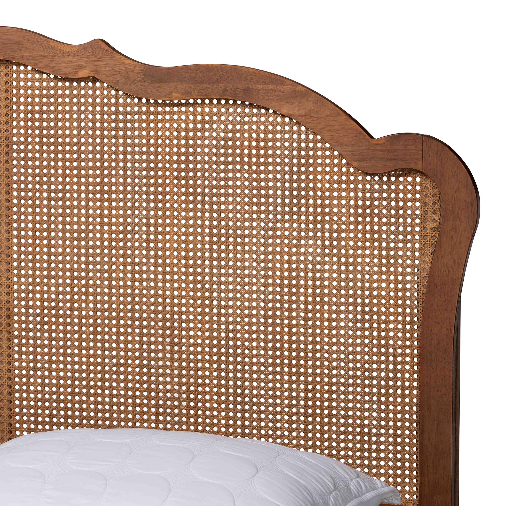 Baxton Studio Aithan Mid-Century Walnut Brown Wood and Rattan Queen Size Platform Bed
