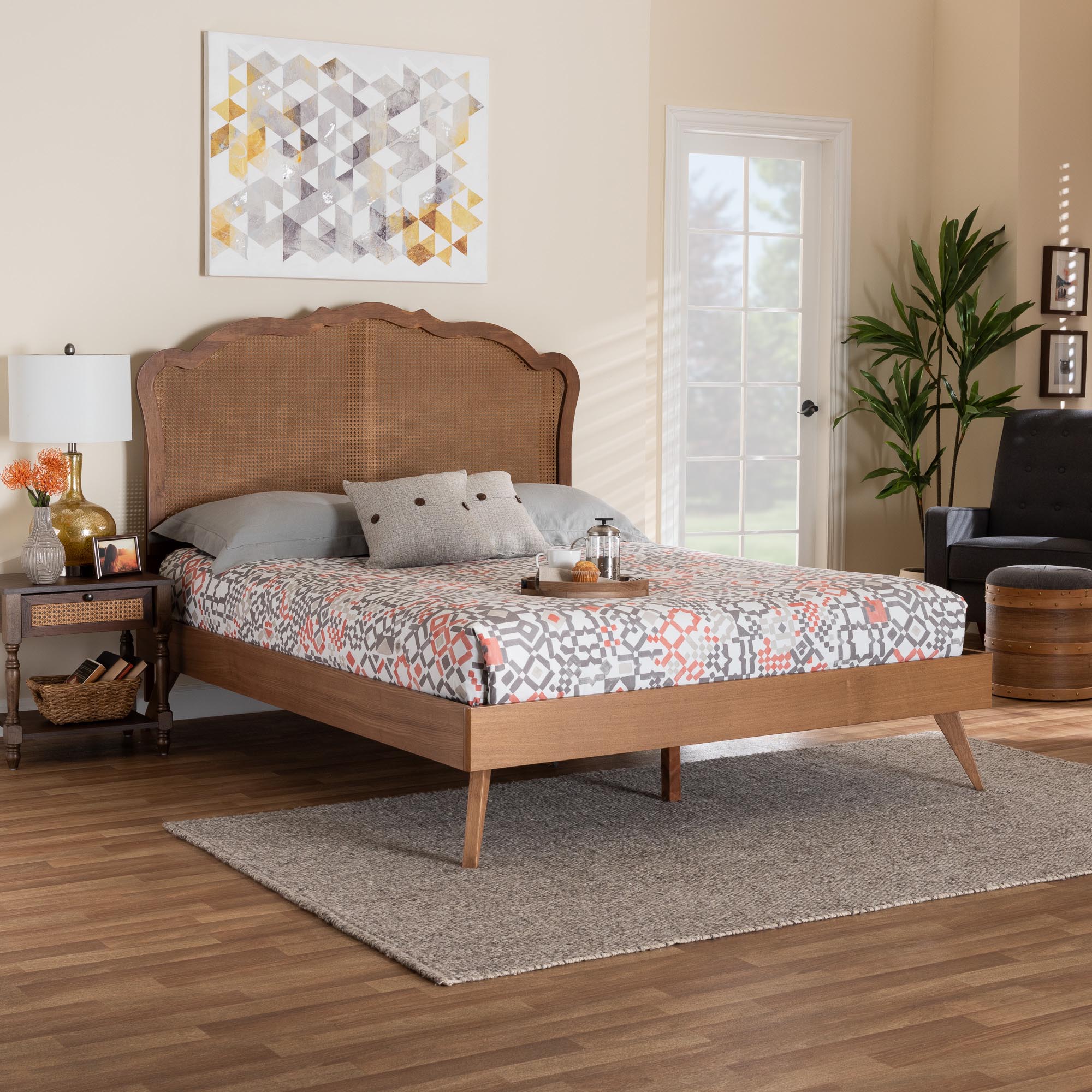 Baxton Studio Aithan Mid-Century Walnut Brown Wood and Rattan Queen Size Platform Bed
