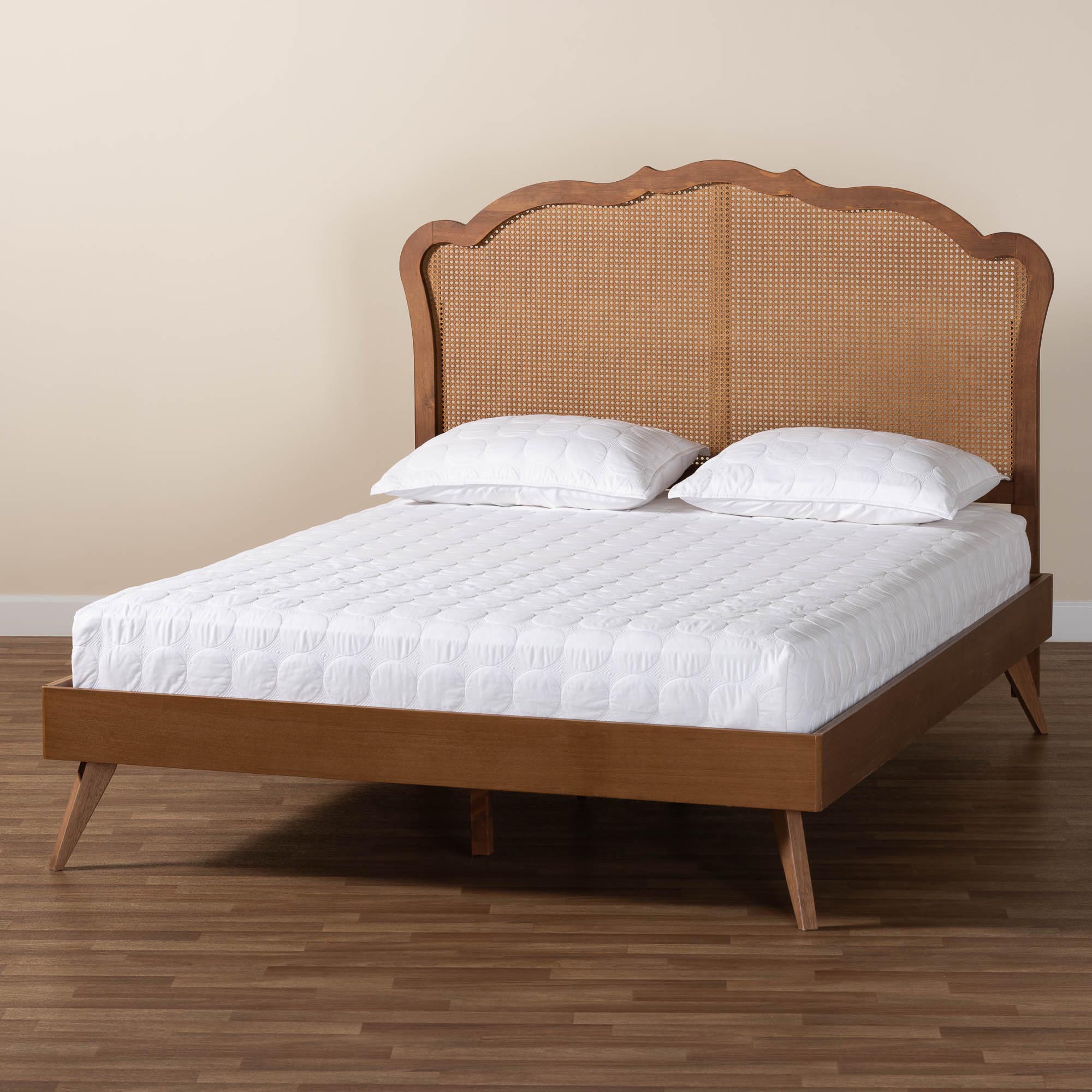Baxton Studio Aithan Mid-Century Walnut Brown Wood and Rattan Queen Size Platform Bed
