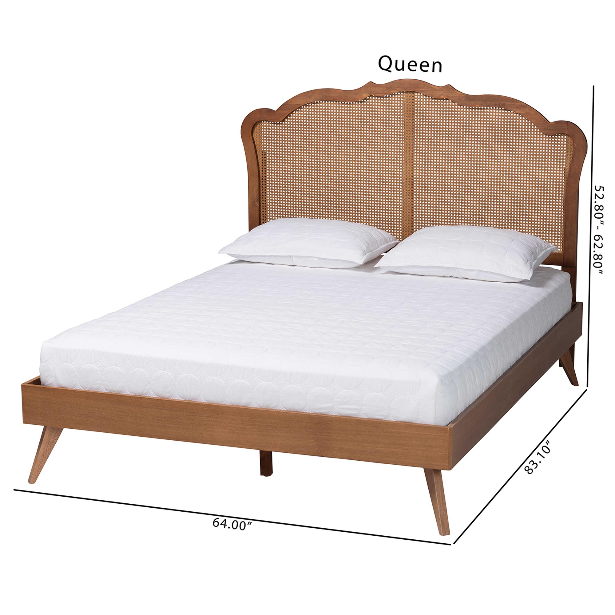 Baxton Studio Aithan Mid-Century Walnut Brown Wood and Rattan Queen Size Platform Bed