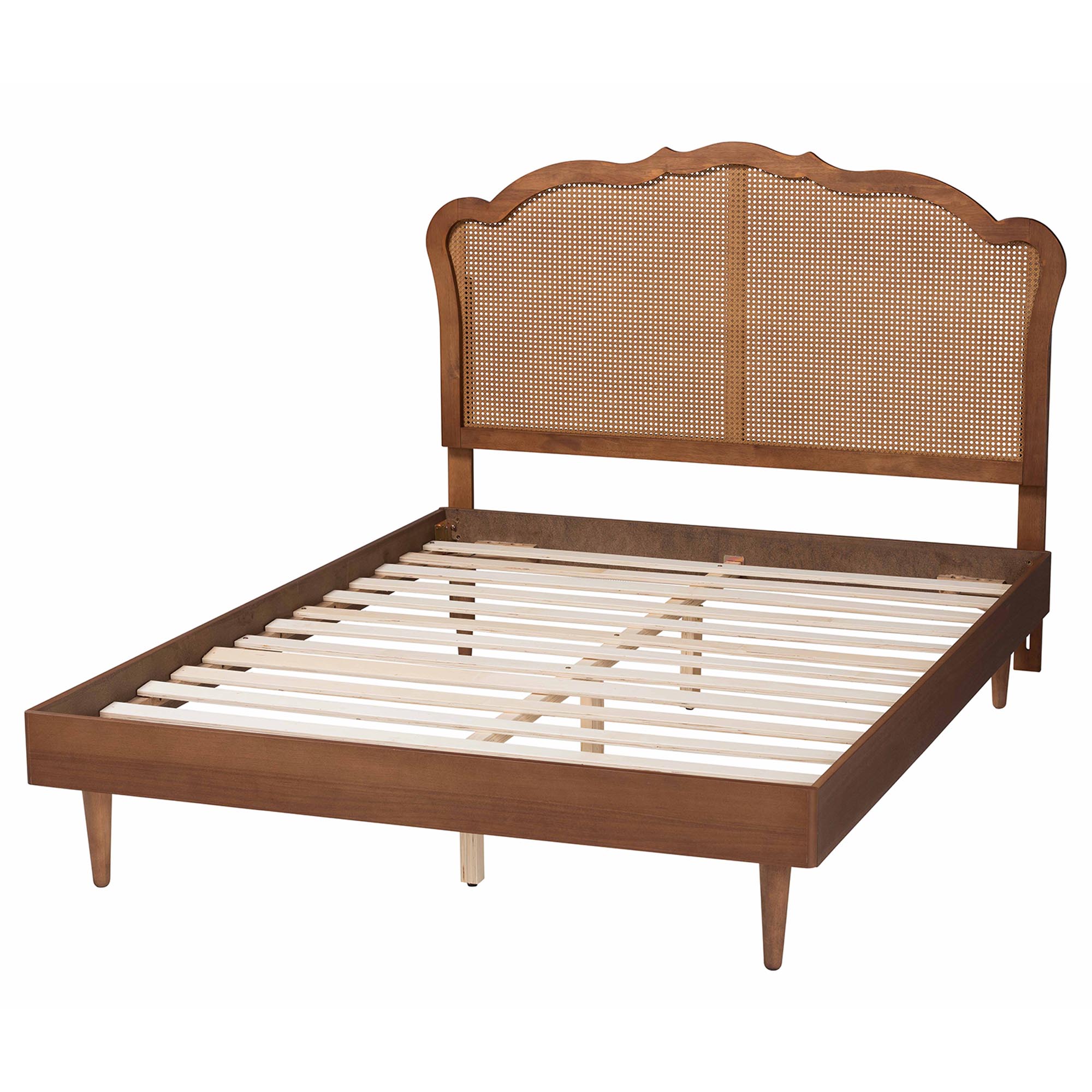 Baxton Studio Camden Mid-Century Walnut Brown Wood and Rattan Queen Size Platform Bed