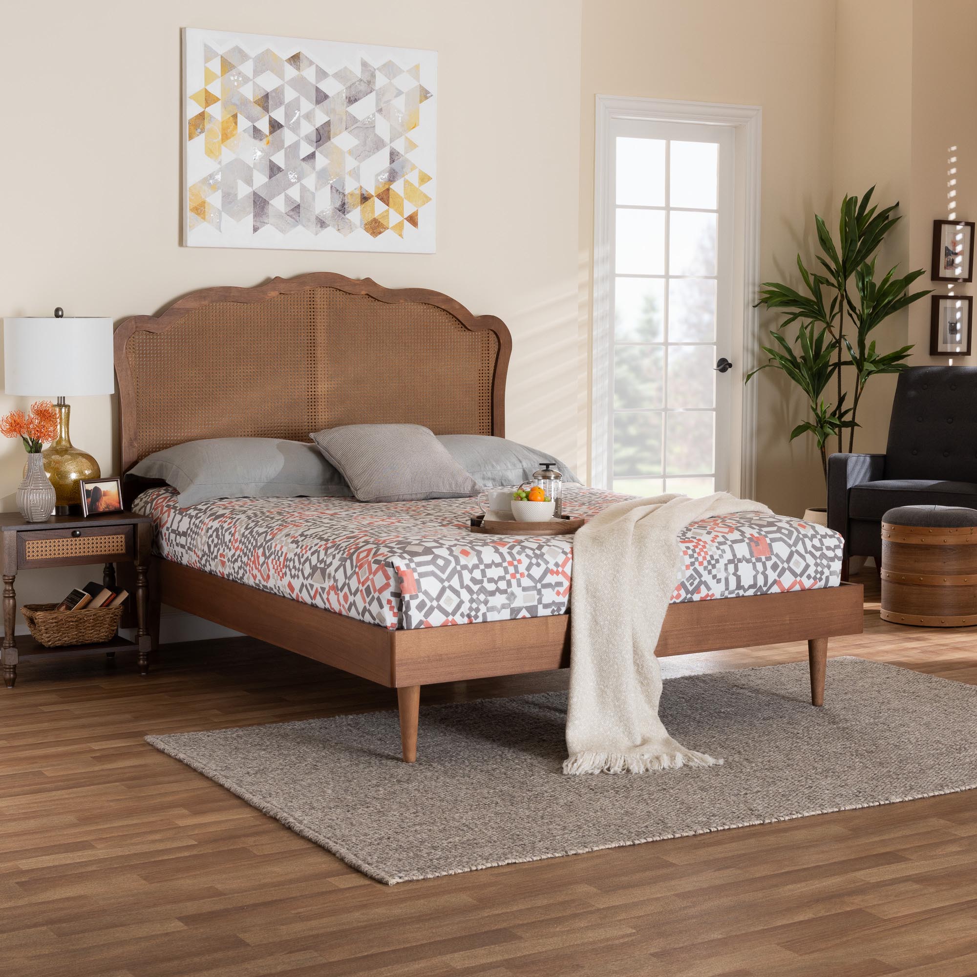 Baxton Studio Camden Mid-Century Walnut Brown Wood and Rattan Queen Size Platform Bed