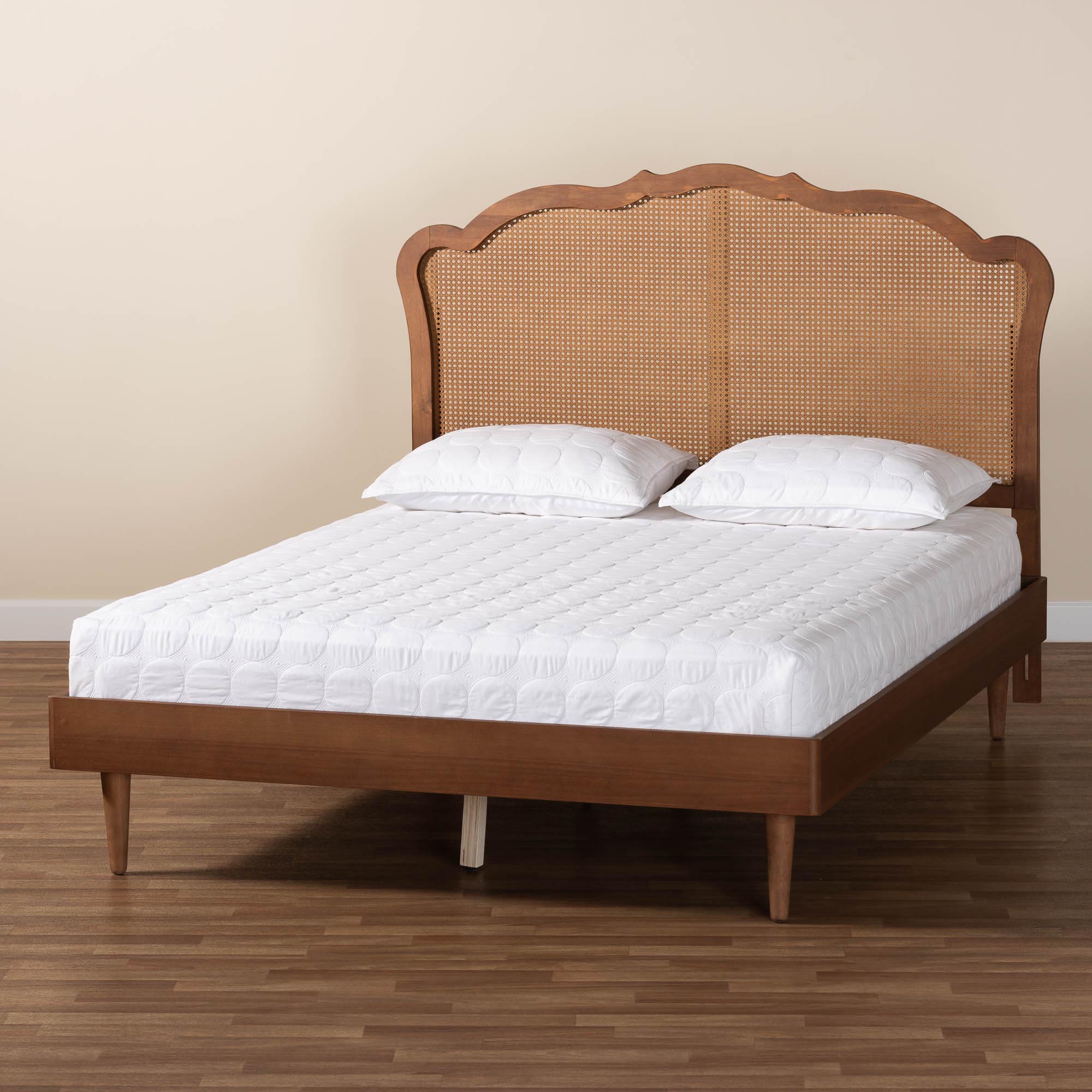 Baxton Studio Camden Mid-Century Walnut Brown Wood and Rattan King Size Platform Bed