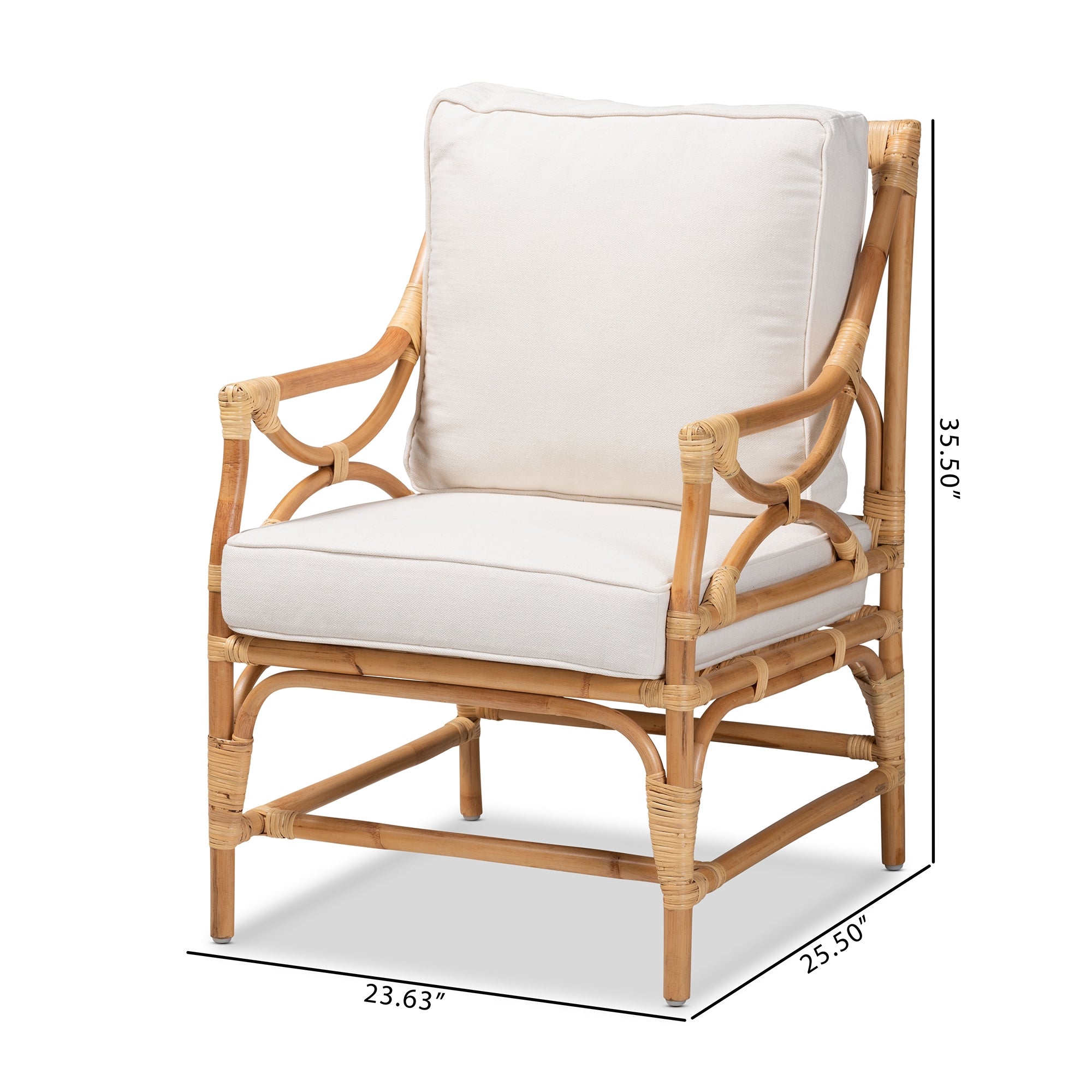 bali & pari Brandon Modern Bohemian White Fabric Upholstered and Natural Brown Rattan Armchair