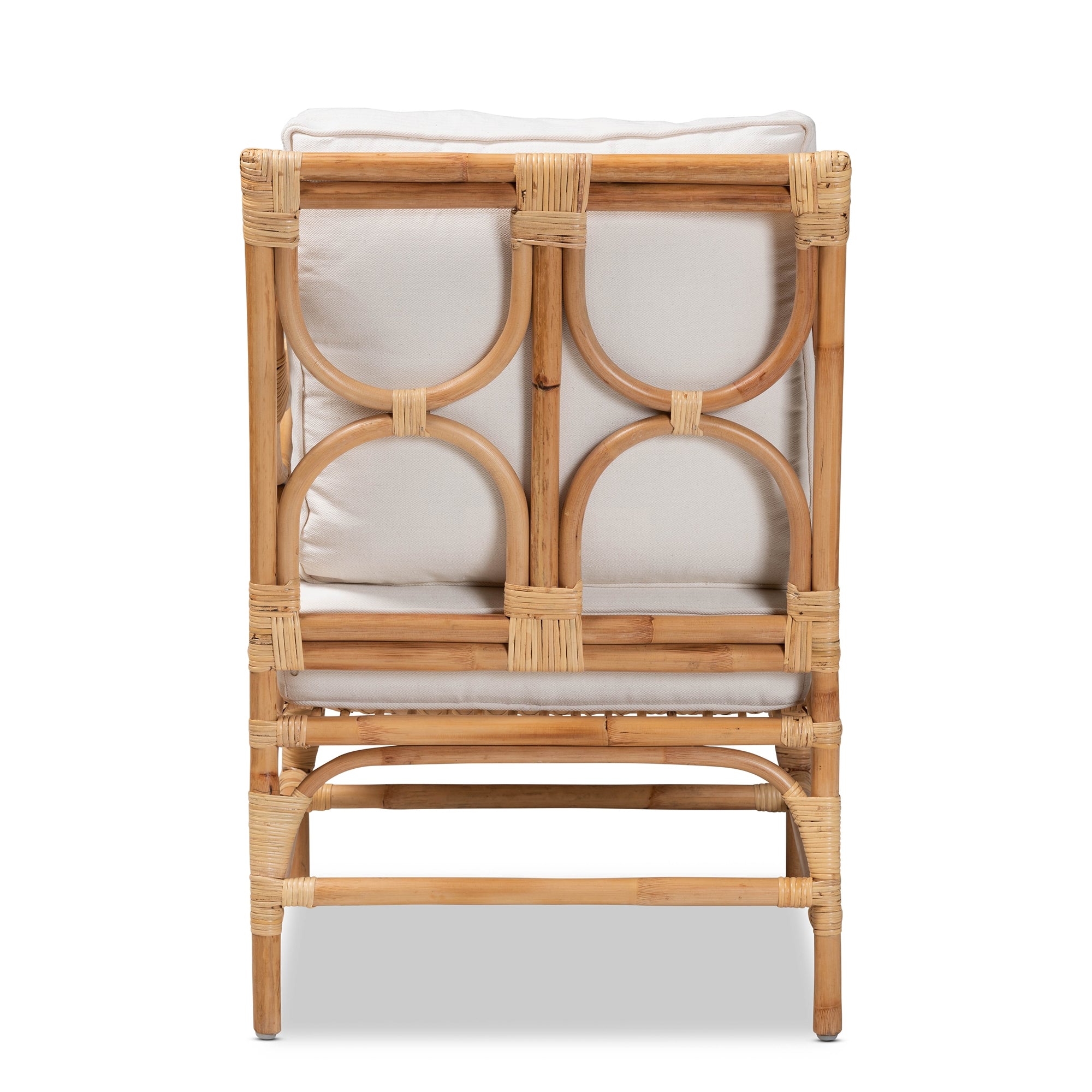 bali & pari Brandon Modern Bohemian White Fabric Upholstered and Natural Brown Rattan Armchair