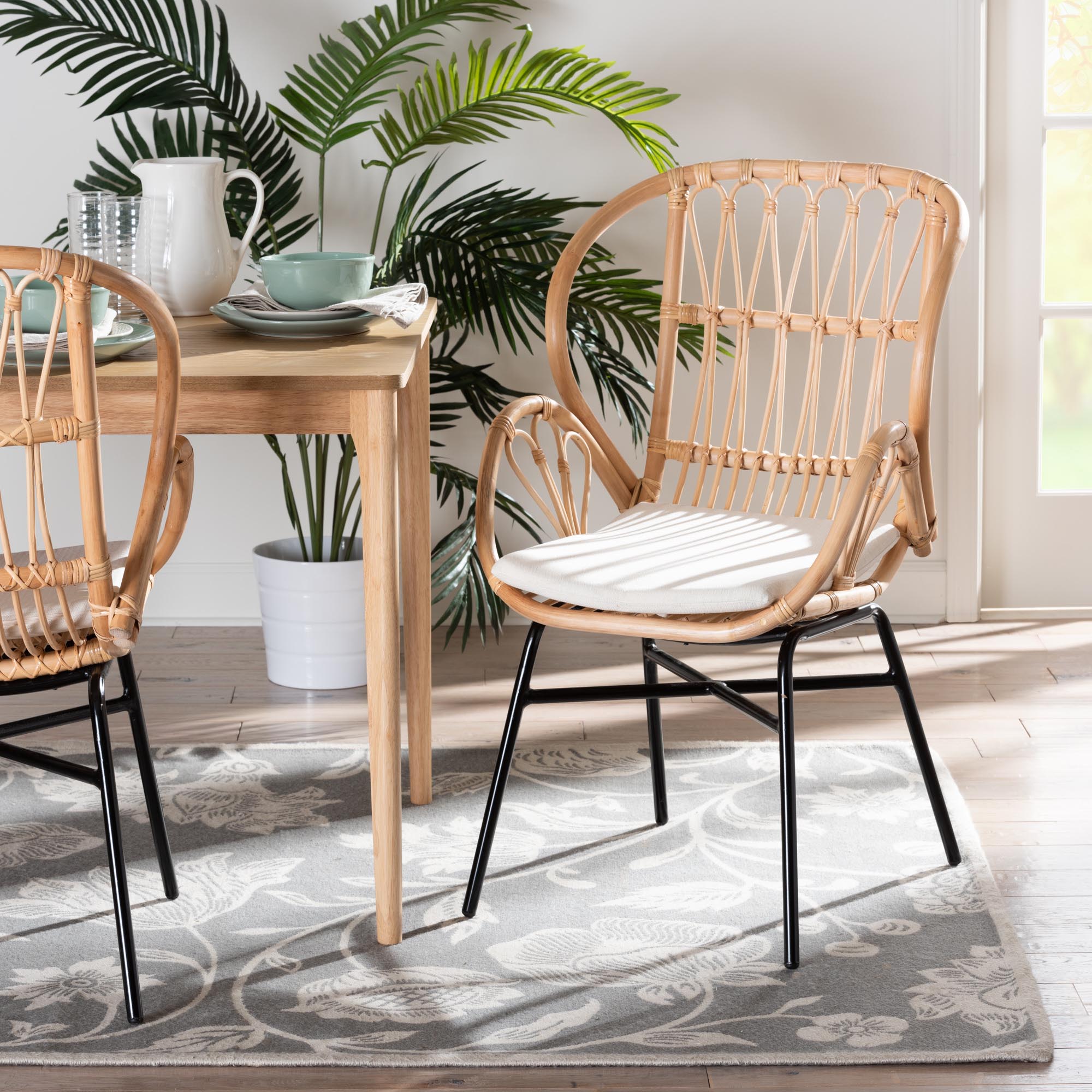 bali & pari Caelia Modern Bohemian Natural Brown Rattan and Black Metal Chair