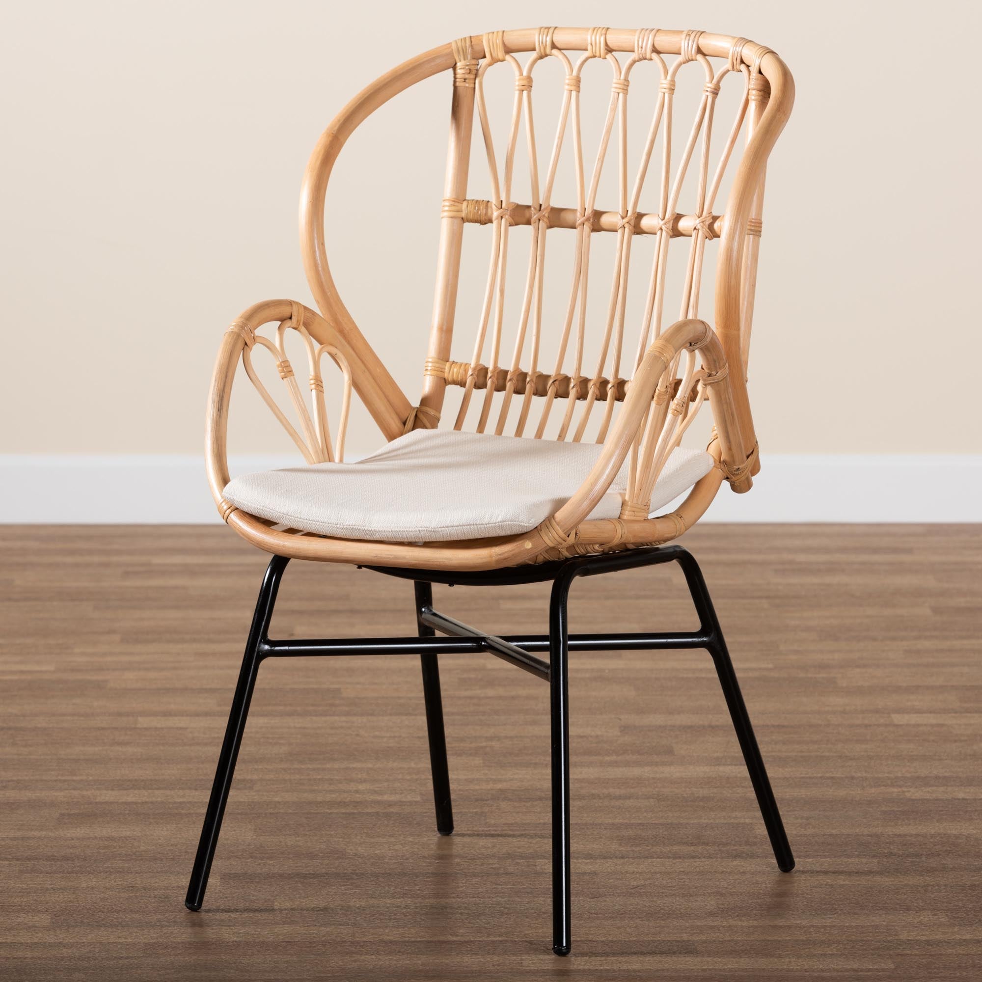 bali & pari Caelia Modern Bohemian Natural Brown Rattan and Black Metal Chair