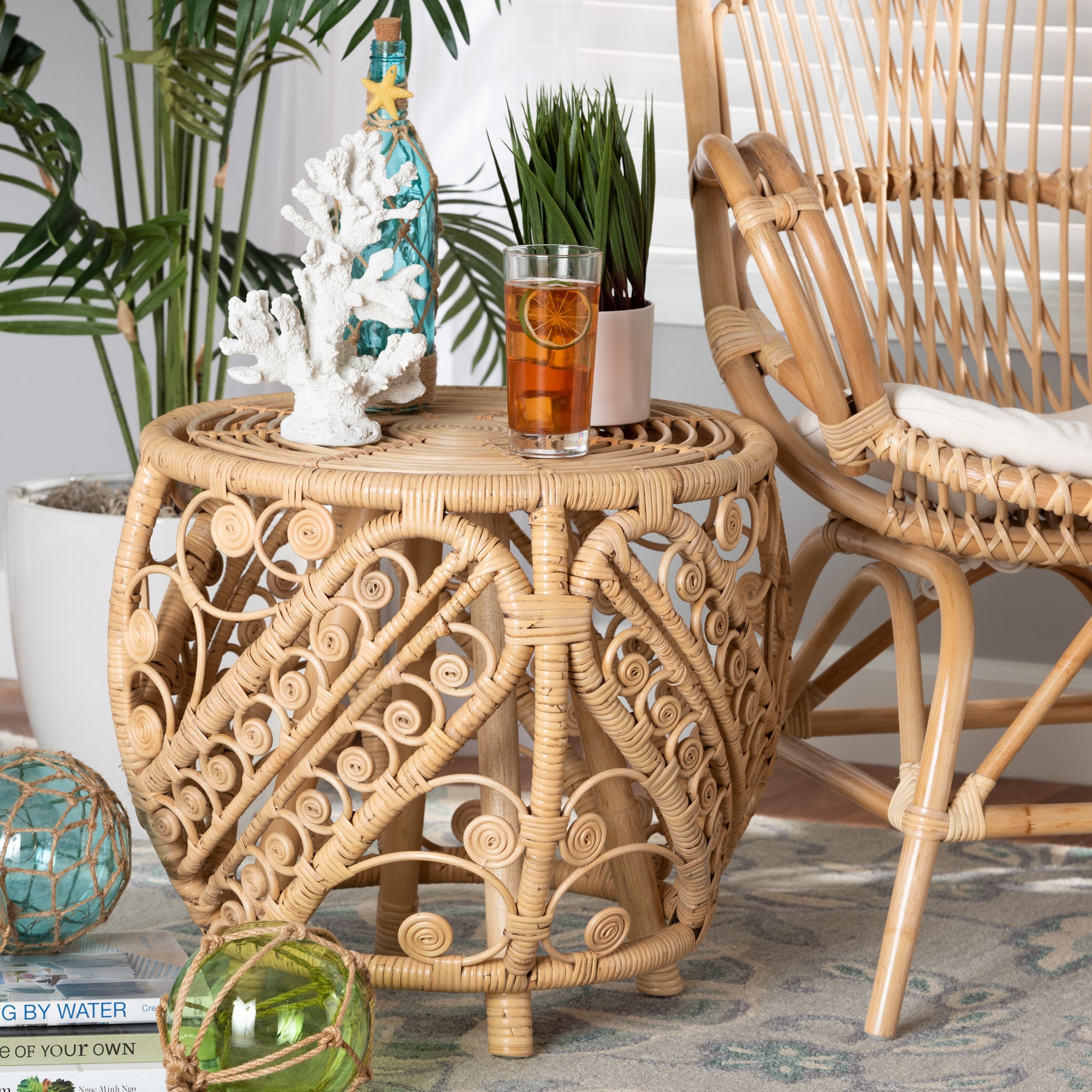 bali & pari Saranna Modern Bohemian Natural Brown Finished Rattan End Table