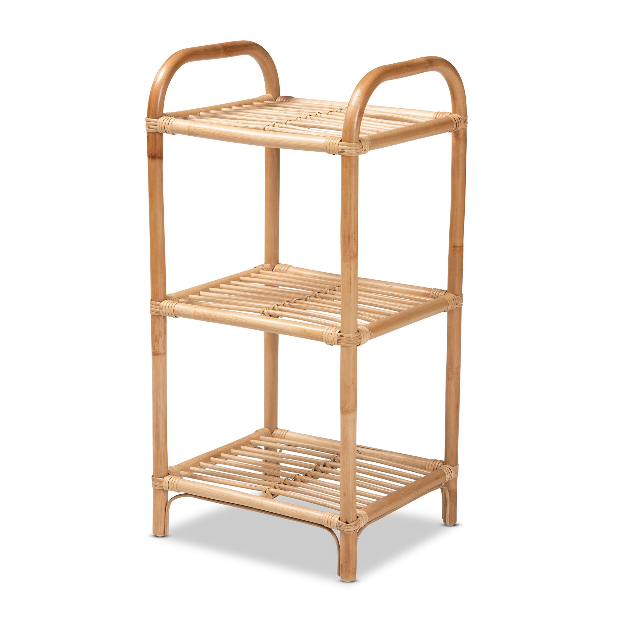 bali & pari Barras Modern Bohemian Natural Brown Finished Rattan 3-Tier Display Shelf