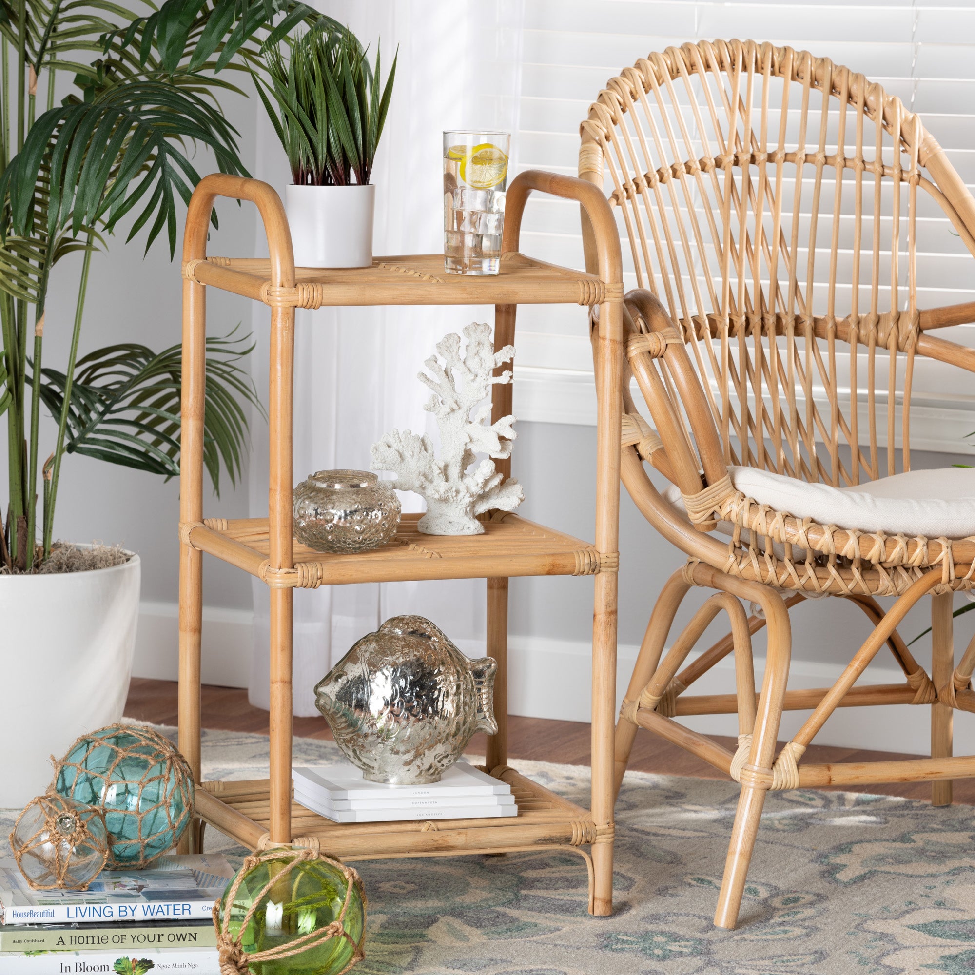 bali & pari Barras Modern Bohemian Natural Brown Finished Rattan 3-Tier Display Shelf