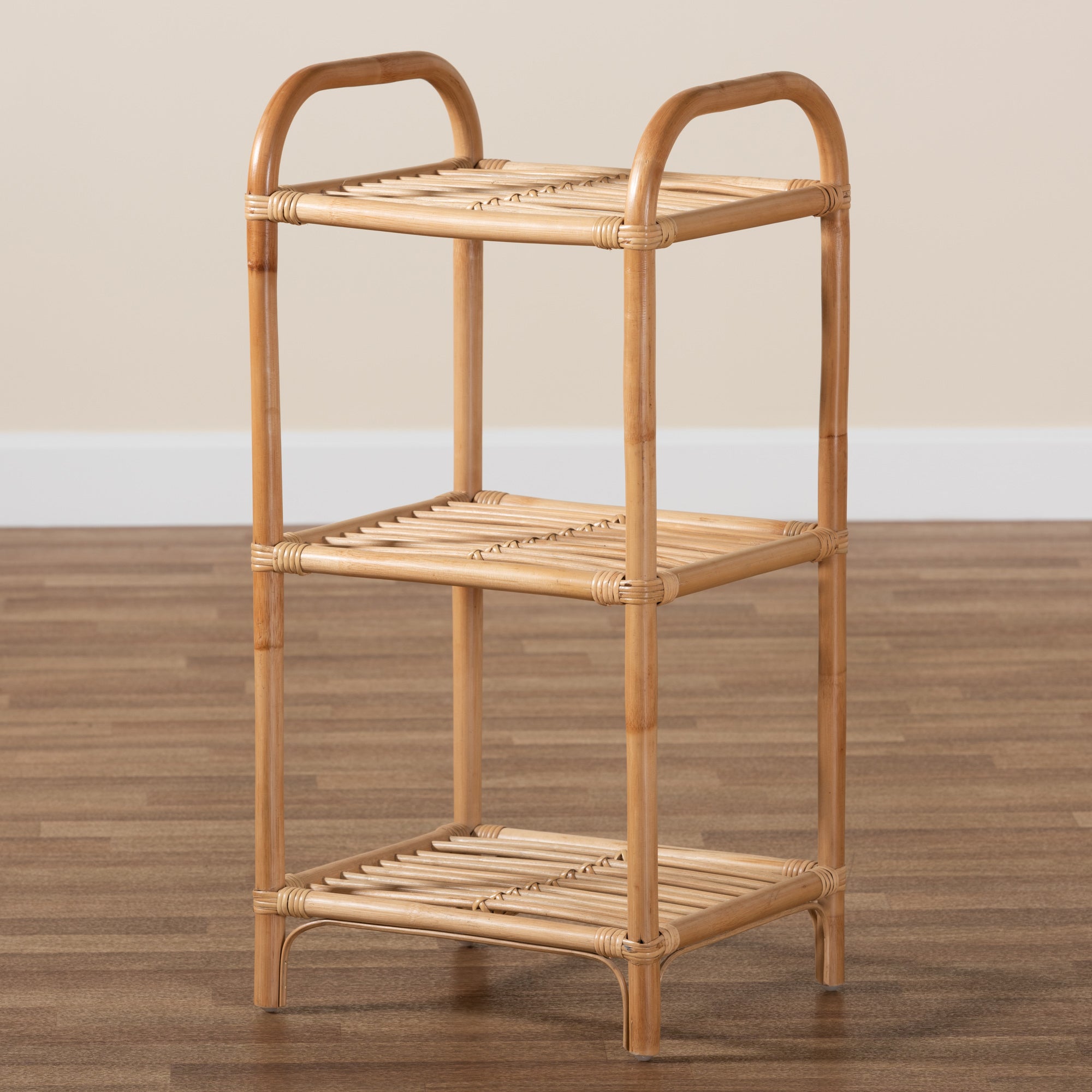 bali & pari Barras Modern Bohemian Natural Brown Finished Rattan 3-Tier Display Shelf