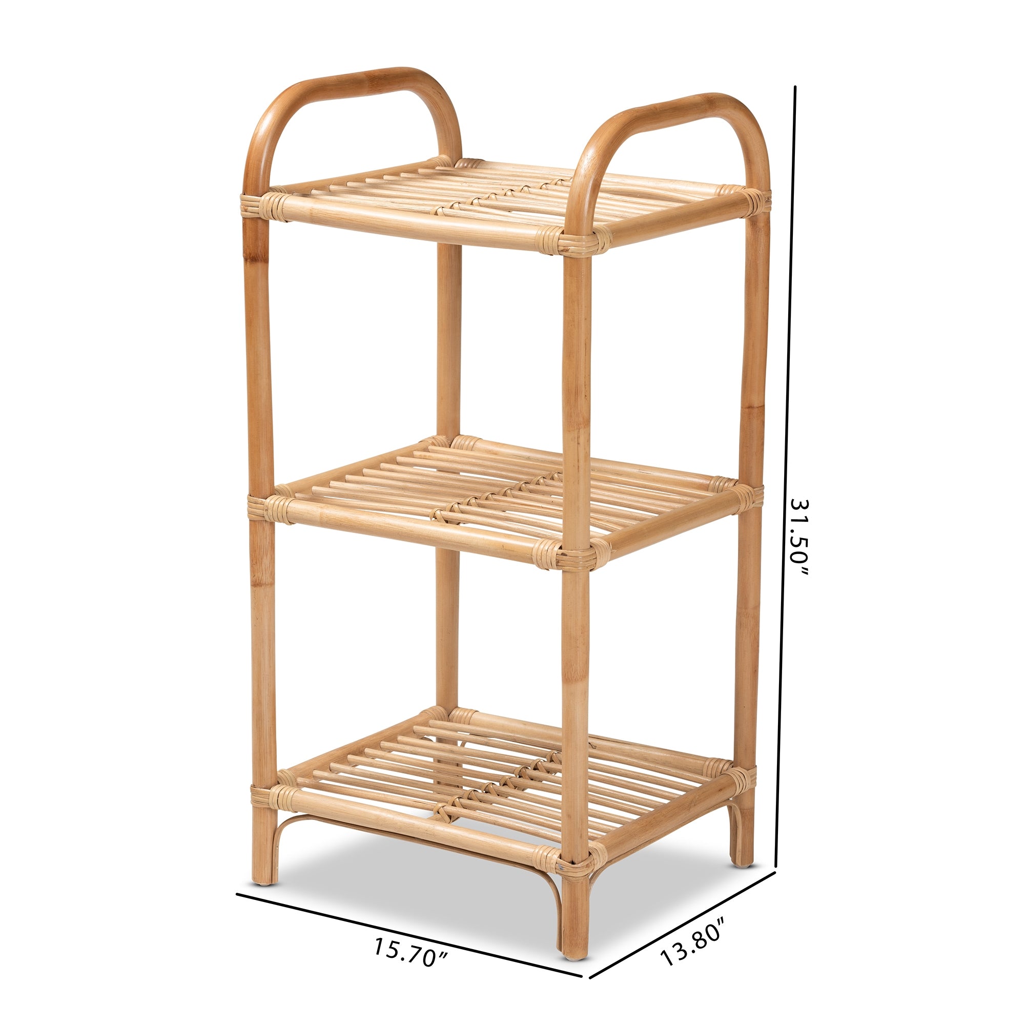 bali & pari Barras Modern Bohemian Natural Brown Finished Rattan 3-Tier Display Shelf