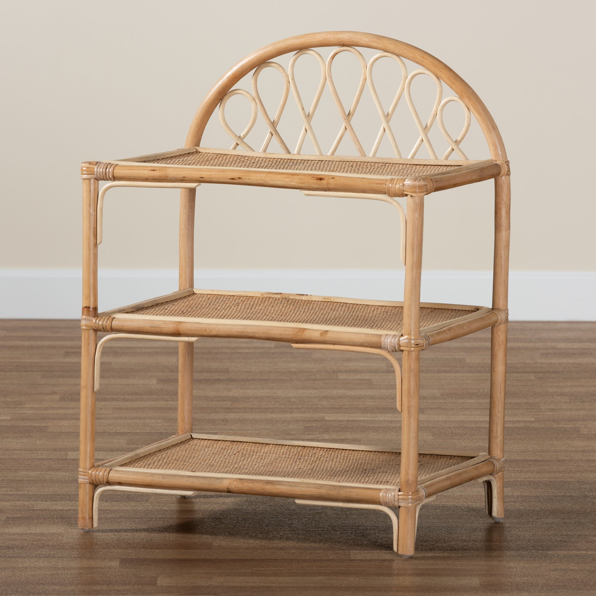 bali & pari Redell Modern Bohemian Natural Brown Rattan 3-Tier Display Shelf