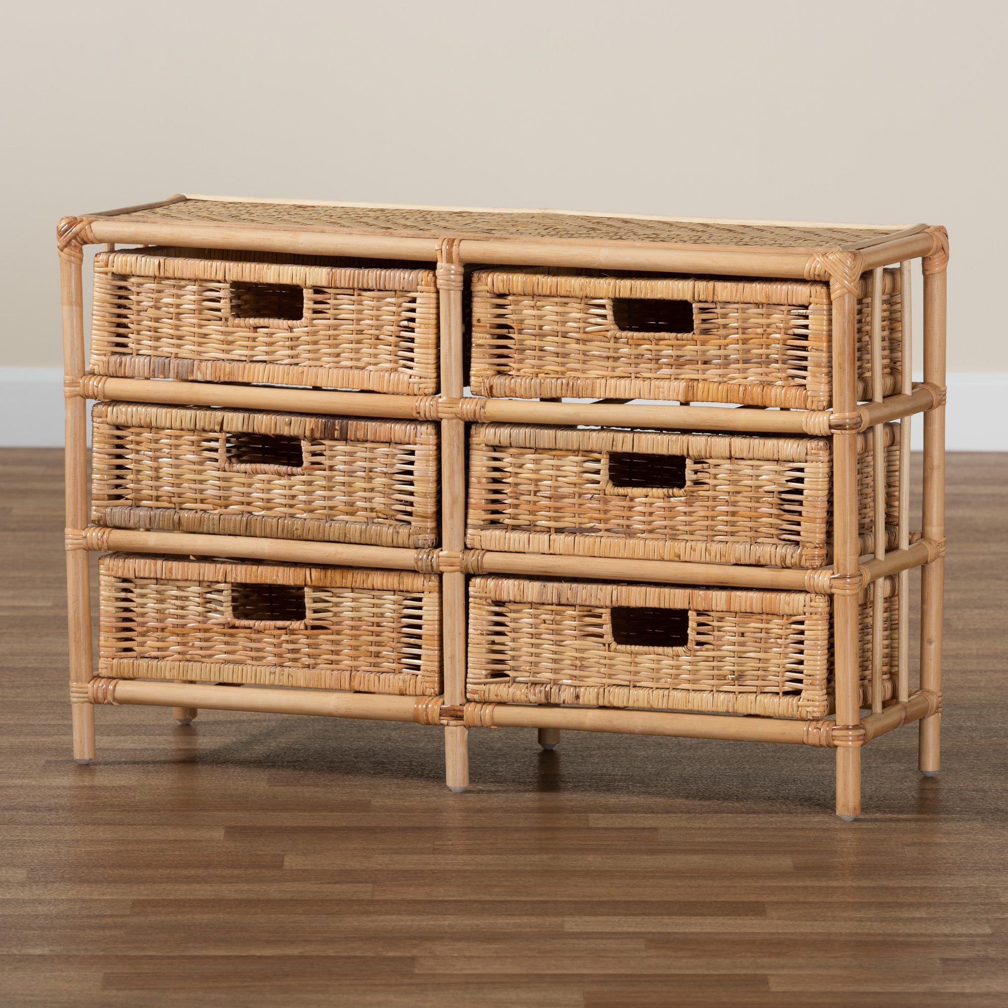 bali & pari Dariana Modern Bohemian Natural Brown Rattan 6-Drawer Storage Cabinet