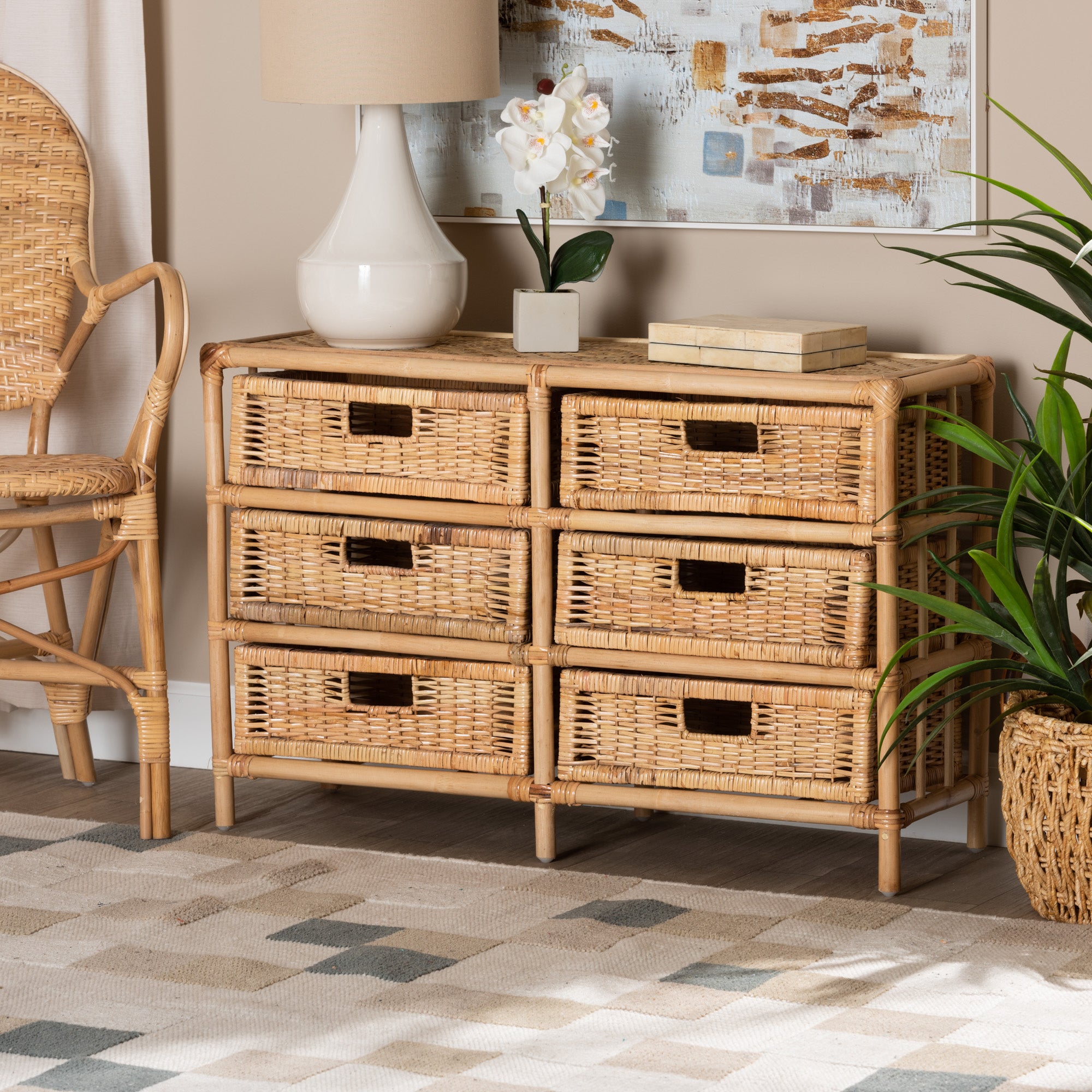 bali & pari Dariana Modern Bohemian Natural Brown Rattan 6-Drawer Storage Cabinet