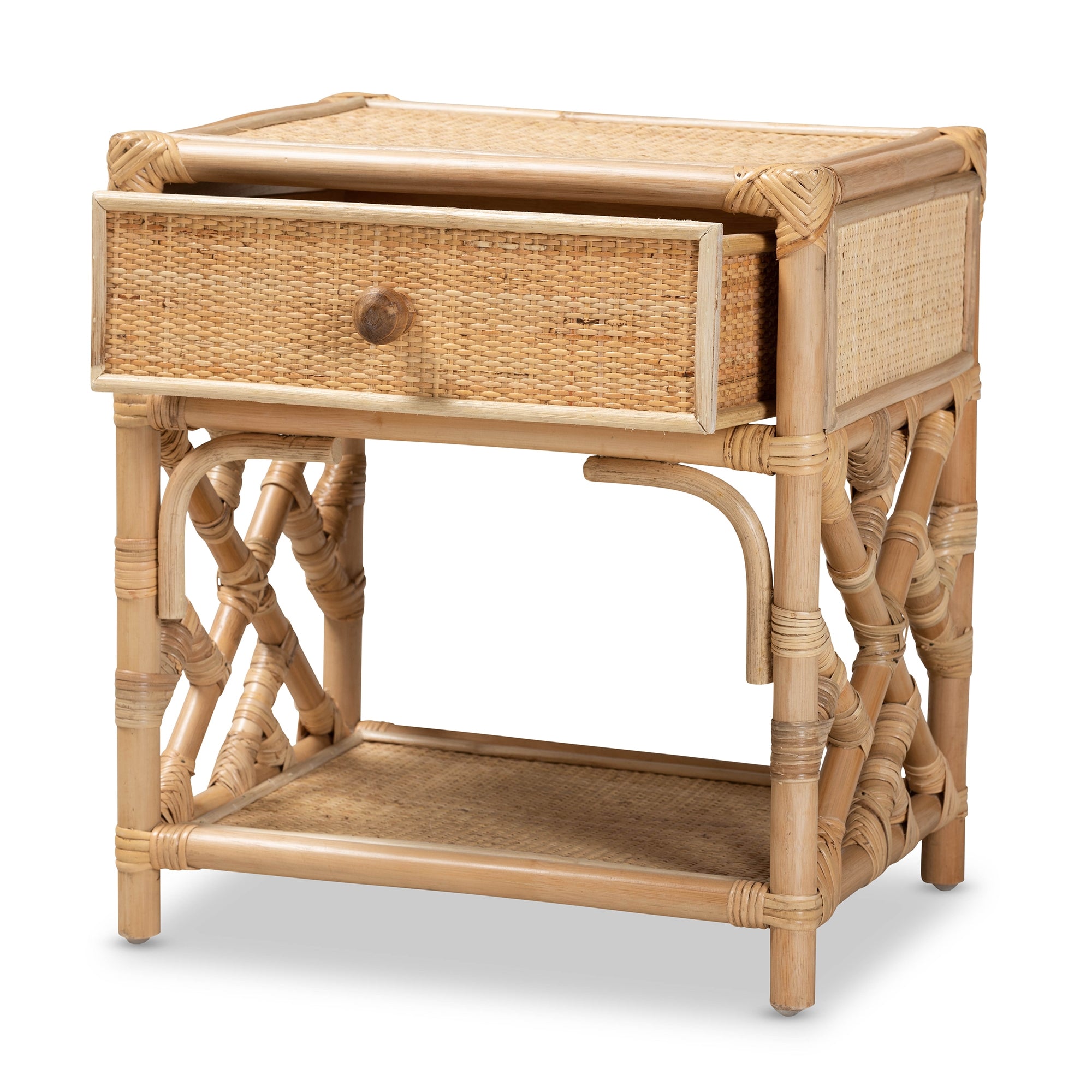bali & pari Camara Modern Bohemian Natural Brown Rattan 1-Drawer Nightstand