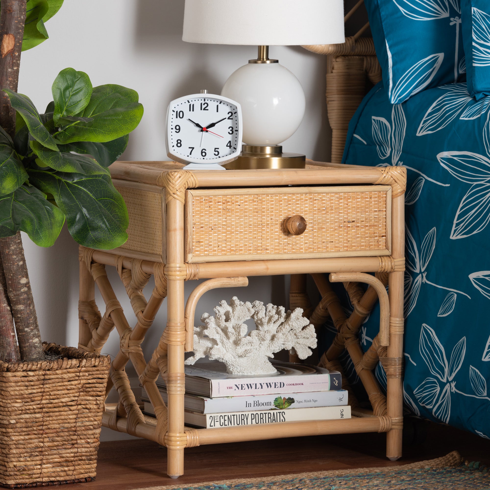 bali & pari Camara Modern Bohemian Natural Brown Rattan 1-Drawer Nightstand