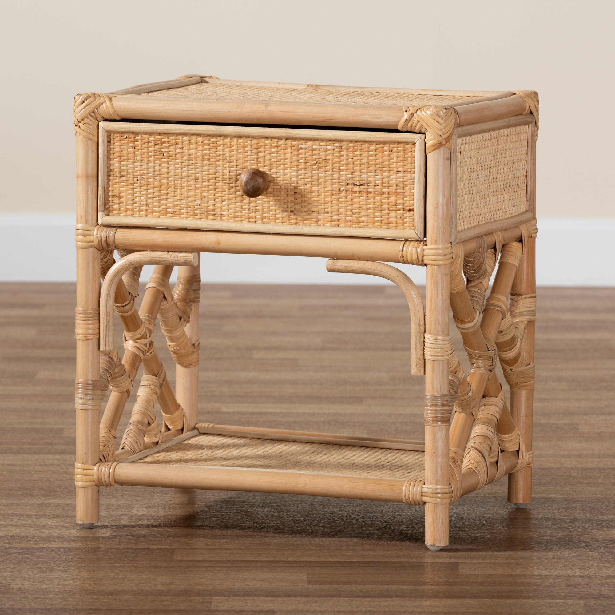 bali & pari Camara Modern Bohemian Natural Brown Rattan 1-Drawer Nightstand