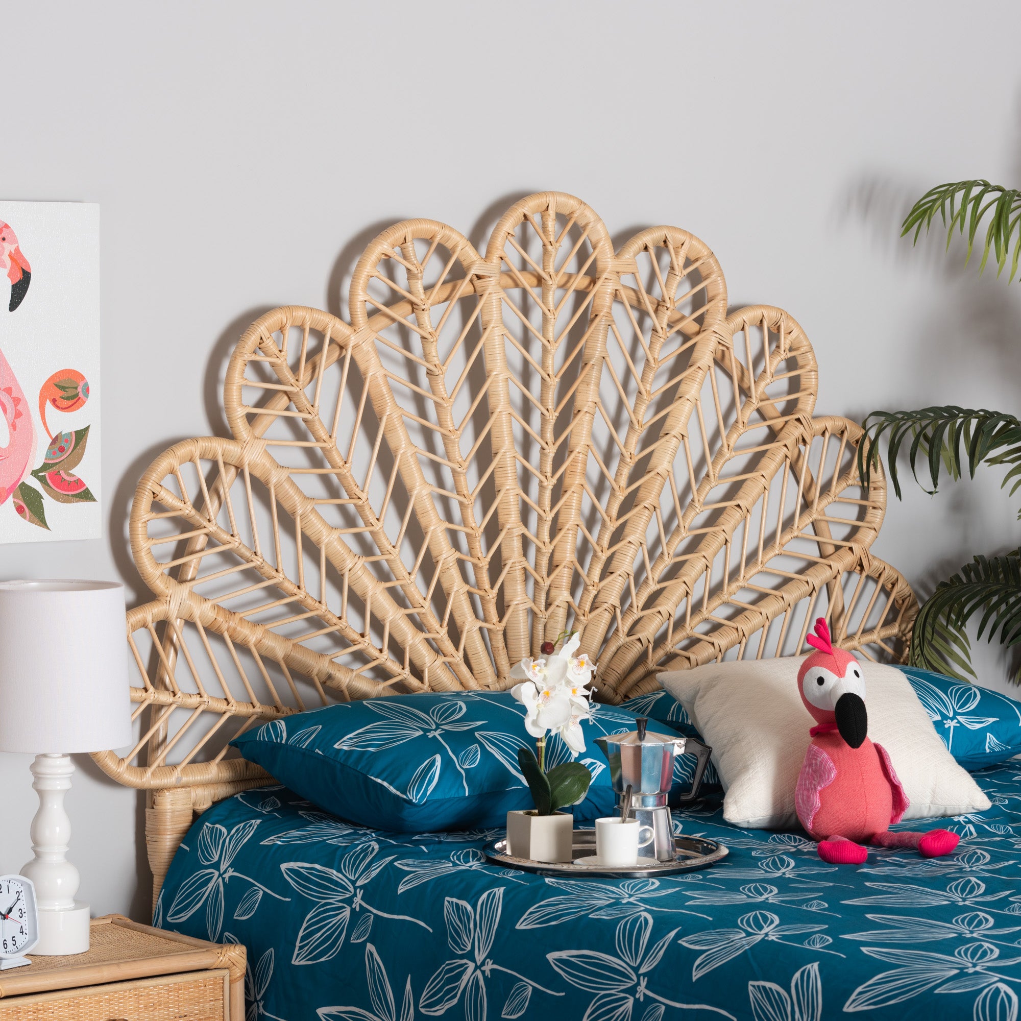 bali & pari Variel Modern Bohemian Natural Brown Rattan Queen Size Standalone Headboard