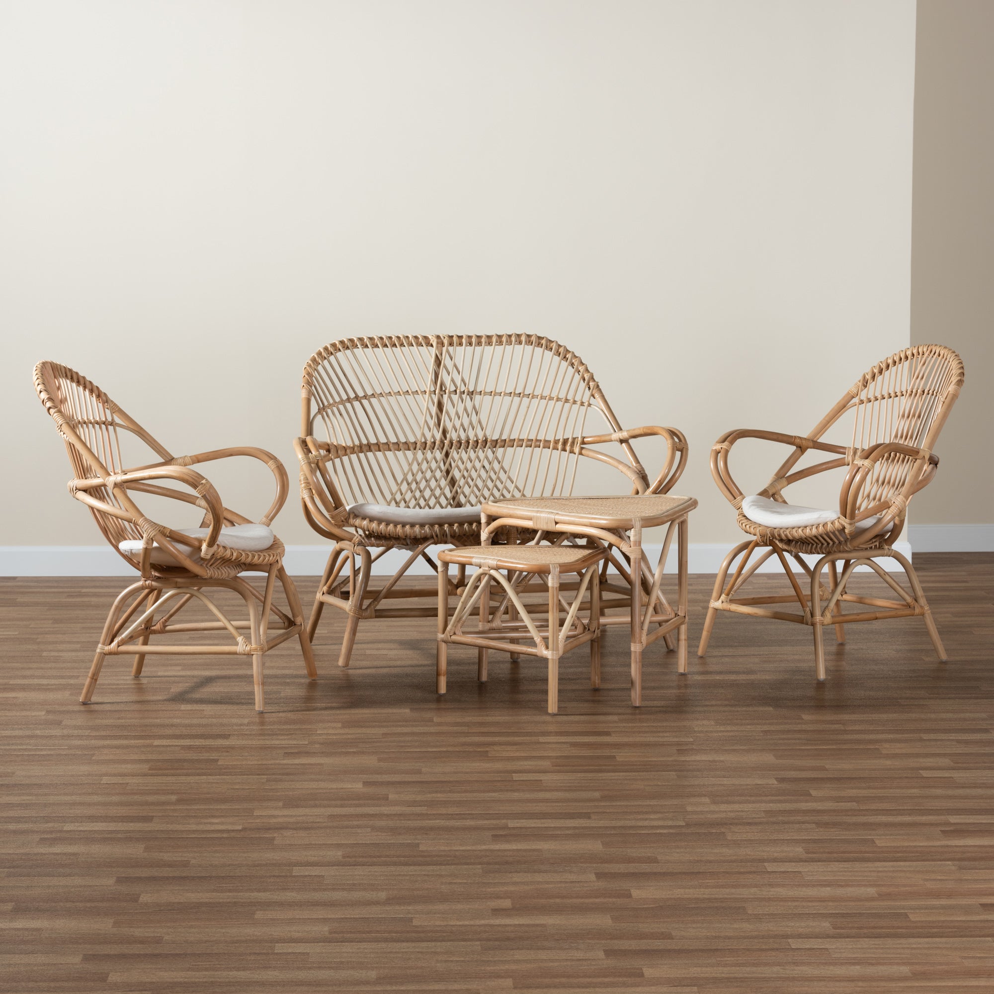 Baxton Studio Jayden Modern Bohemian White Fabric Upholstered and Natural Brown Finished Rattan 5-Piece Living Room Set