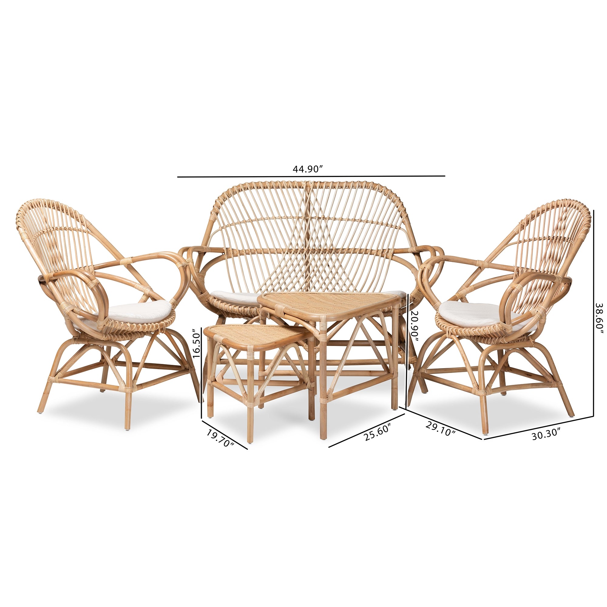 Baxton Studio Jayden Modern Bohemian White Fabric Upholstered and Natural Brown Finished Rattan 5-Piece Living Room Set