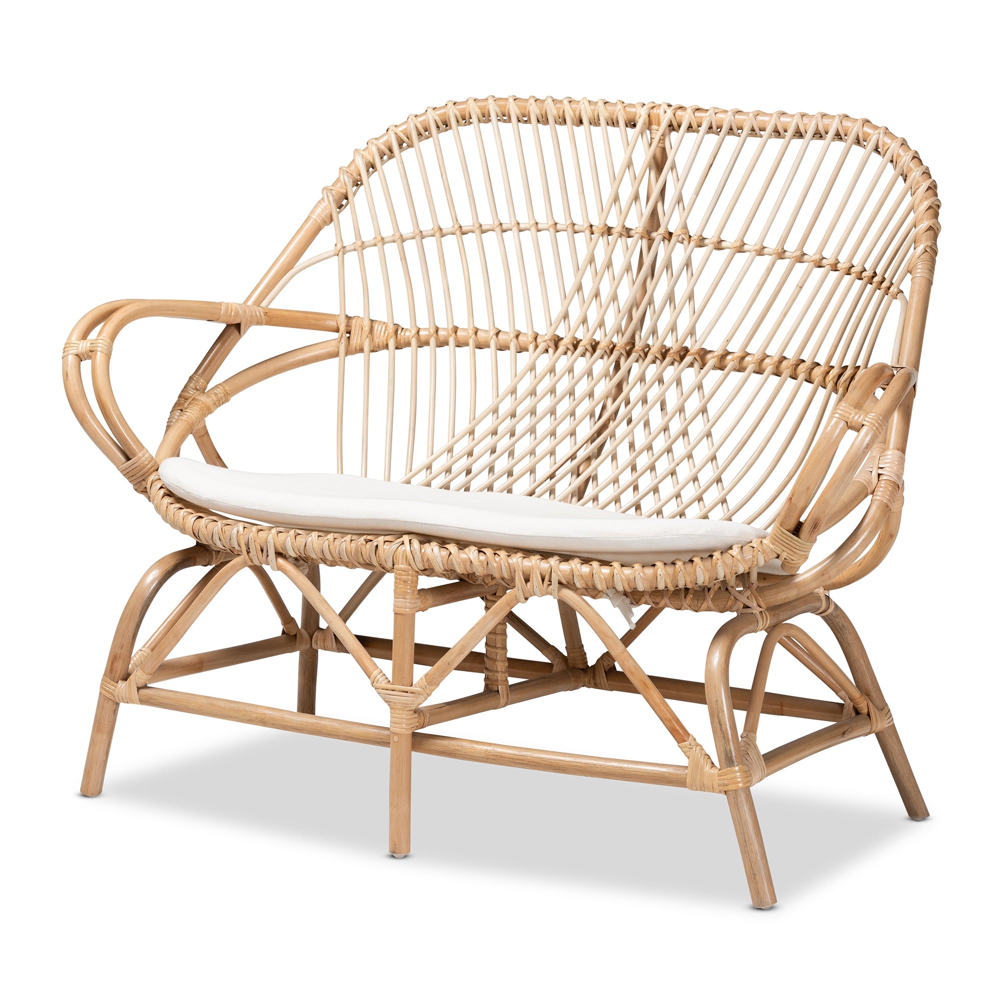 bali & pari Jayden Modern Bohemian White Fabric Upholstered and Natural Brown Finished Rattan Loveseat