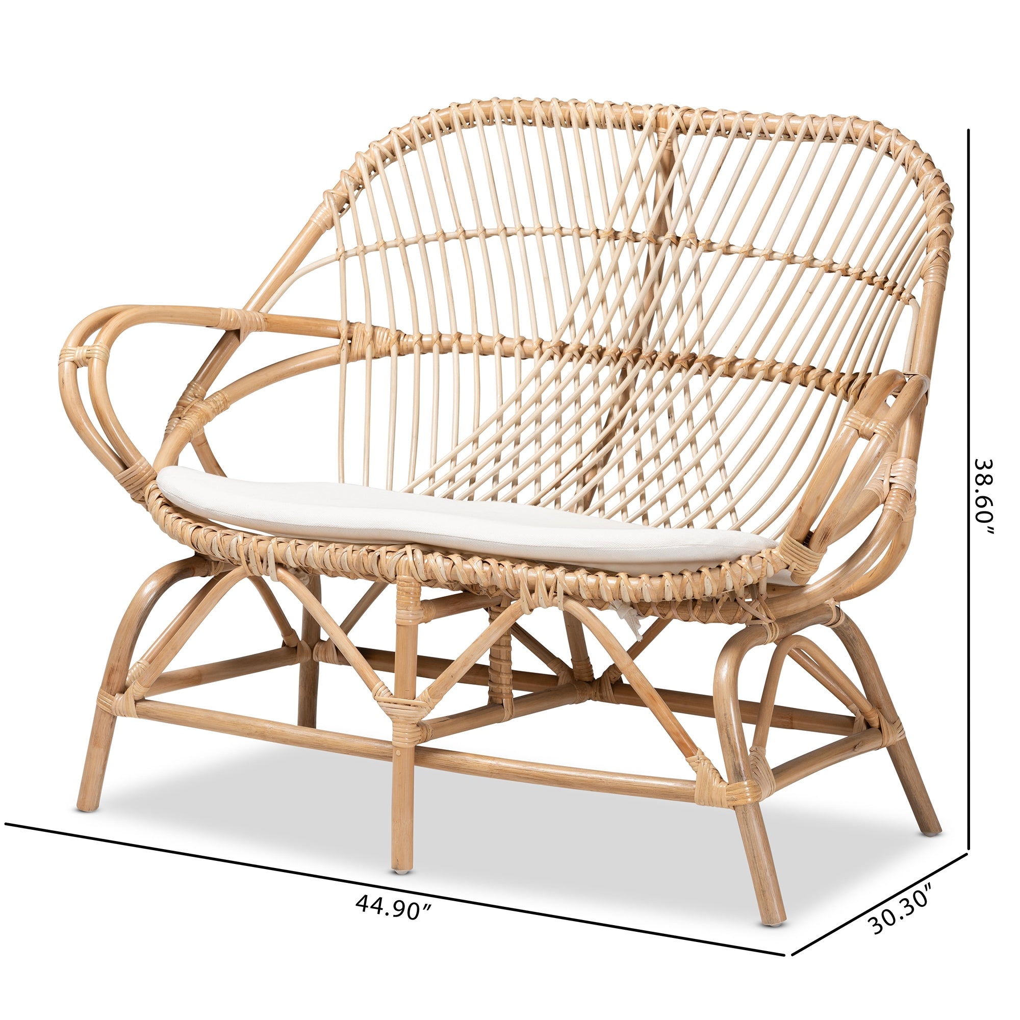 bali & pari Jayden Modern Bohemian White Fabric Upholstered and Natural Brown Finished Rattan Loveseat