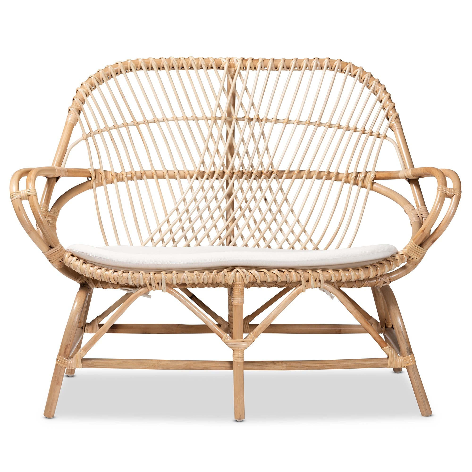 bali & pari Jayden Modern Bohemian White Fabric Upholstered and Natural Brown Finished Rattan Loveseat