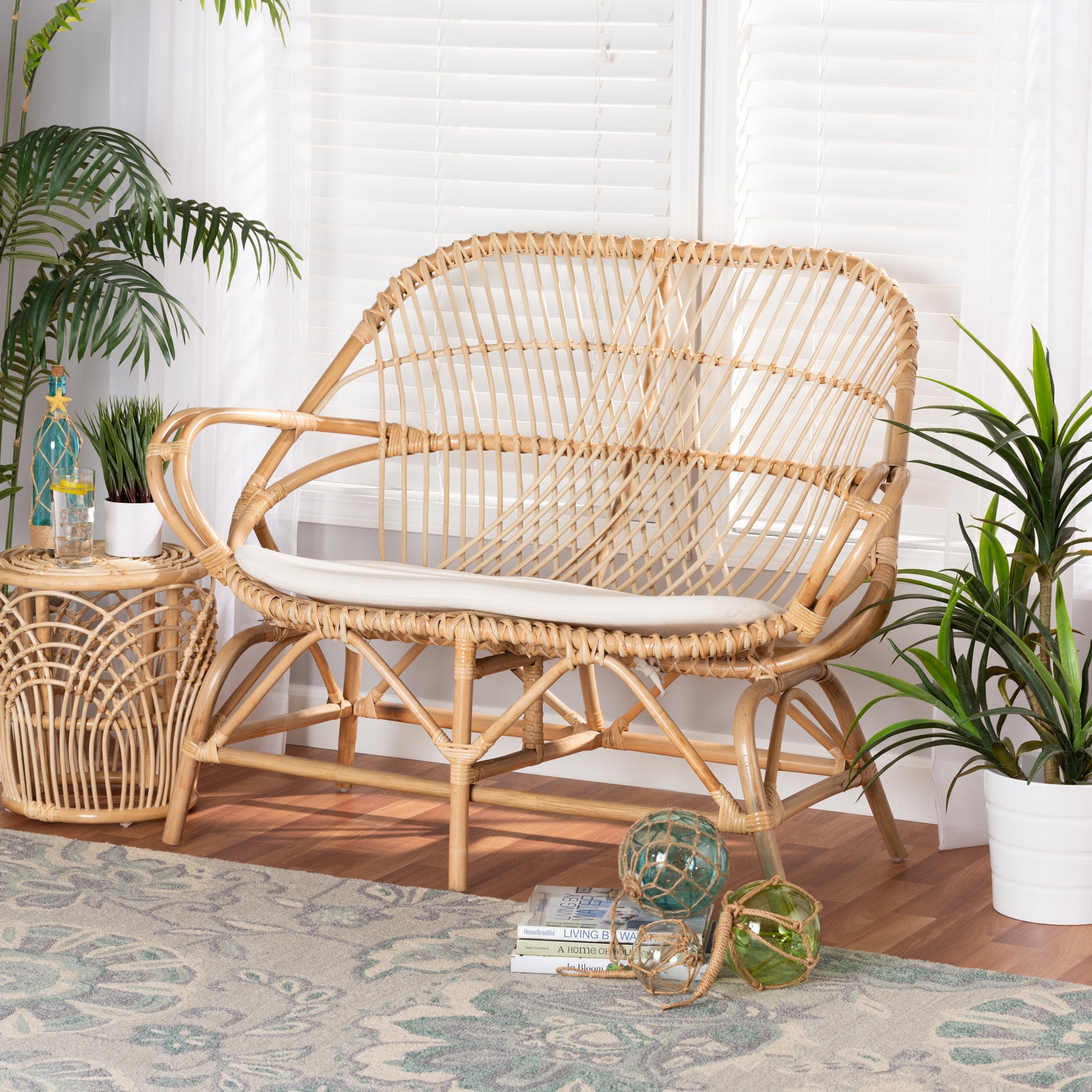 bali & pari Jayden Modern Bohemian White Fabric Upholstered and Natural Brown Finished Rattan Loveseat