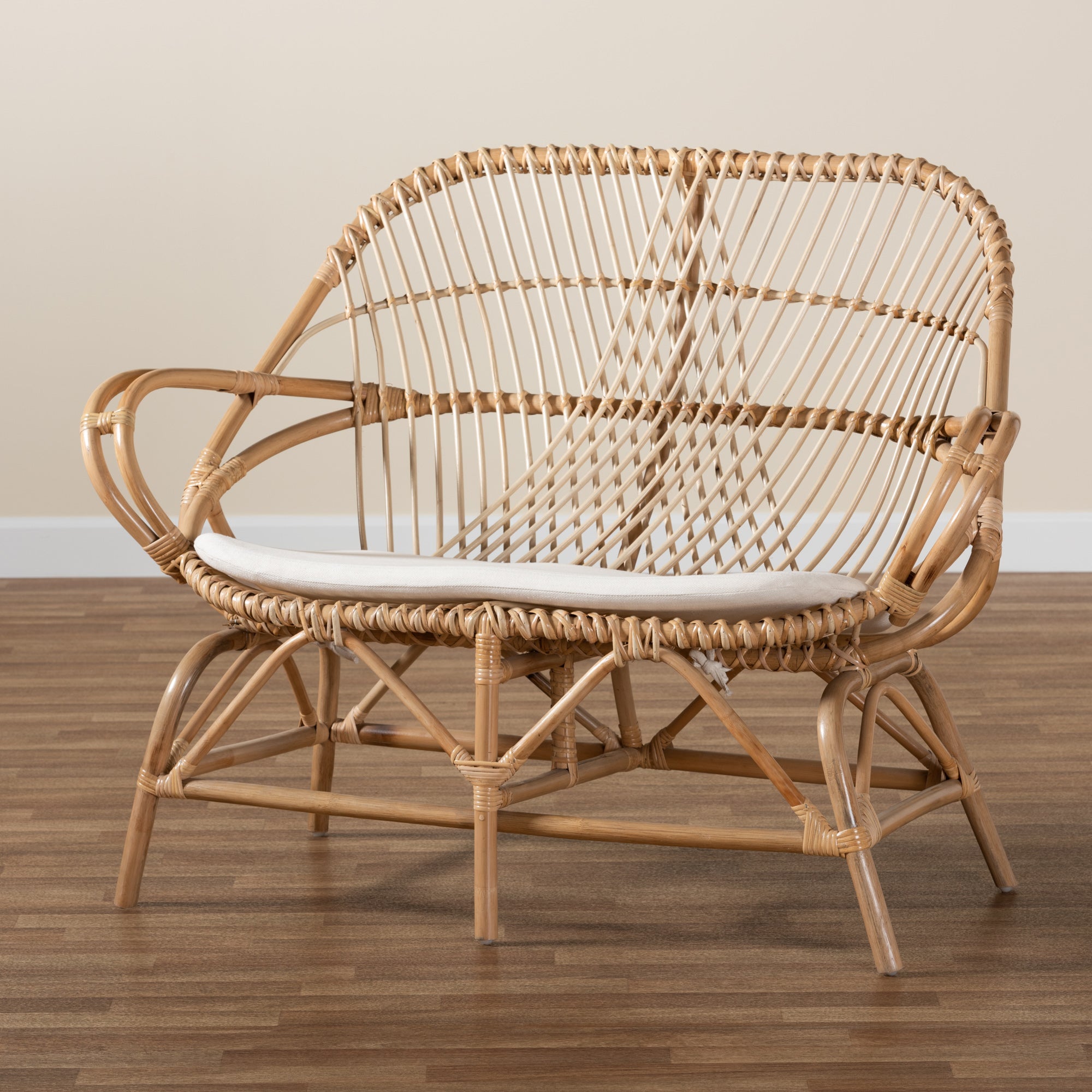 bali & pari Jayden Modern Bohemian White Fabric Upholstered and Natural Brown Finished Rattan Loveseat