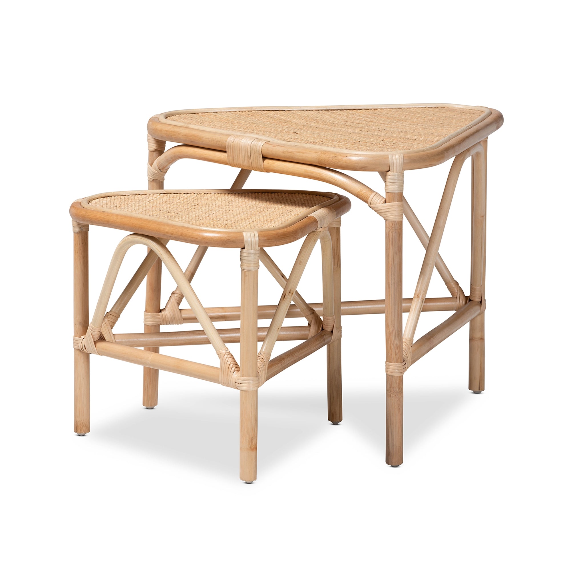 bali & pari Jayden Modern Bohemian Natural Brown Finished Rattan 2-Piece End Table Set