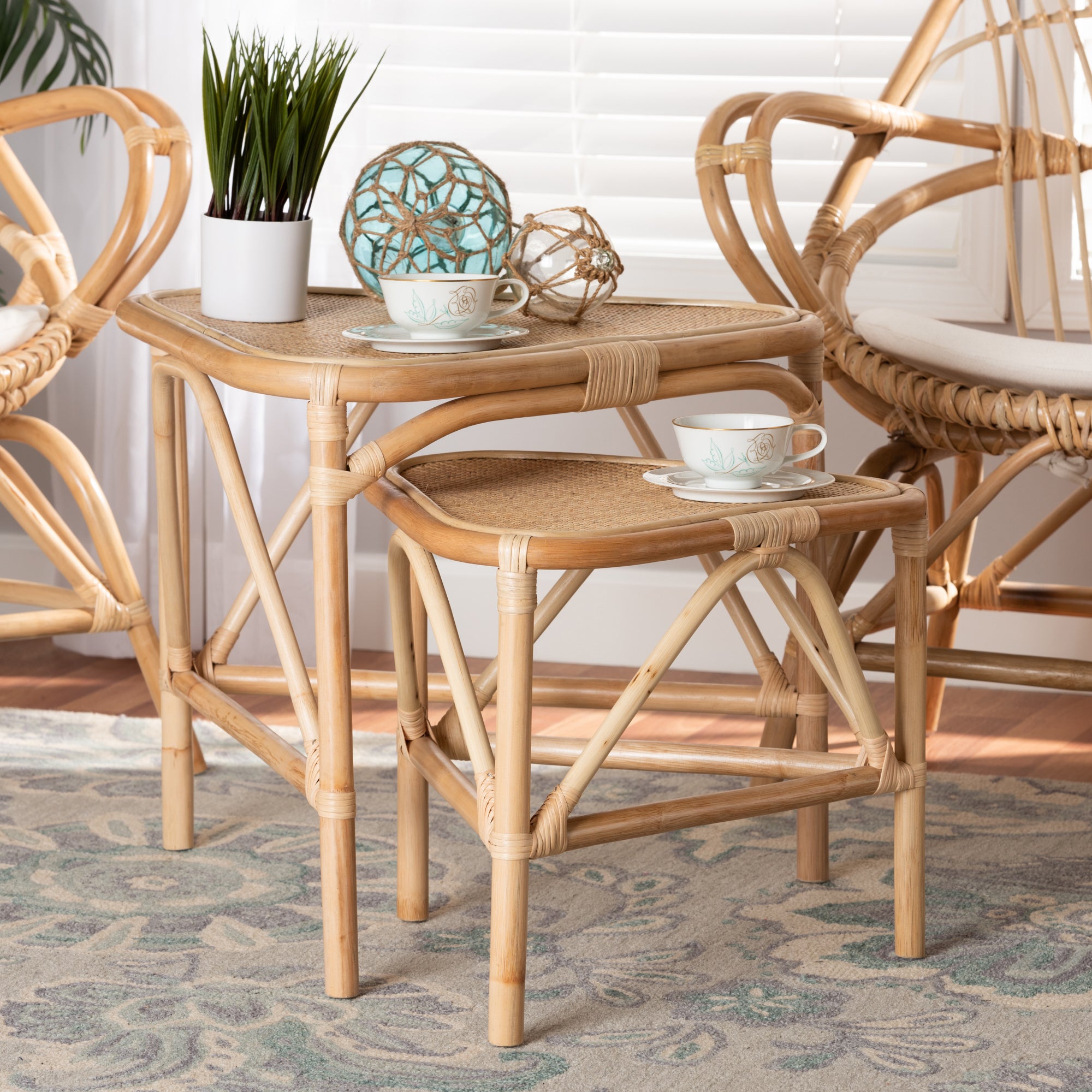bali & pari Jayden Modern Bohemian Natural Brown Finished Rattan 2-Piece End Table Set