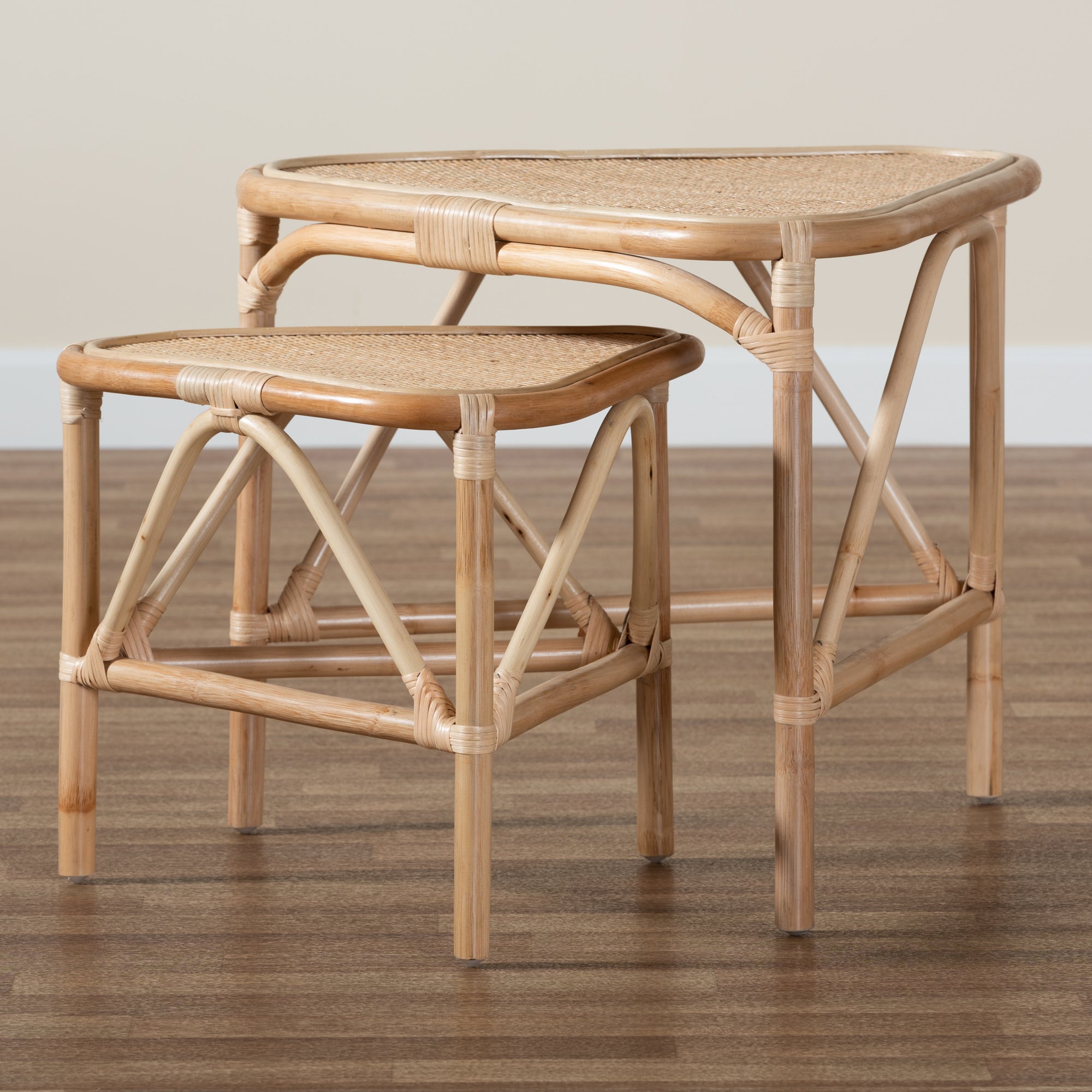 bali & pari Jayden Modern Bohemian Natural Brown Finished Rattan 2-Piece End Table Set