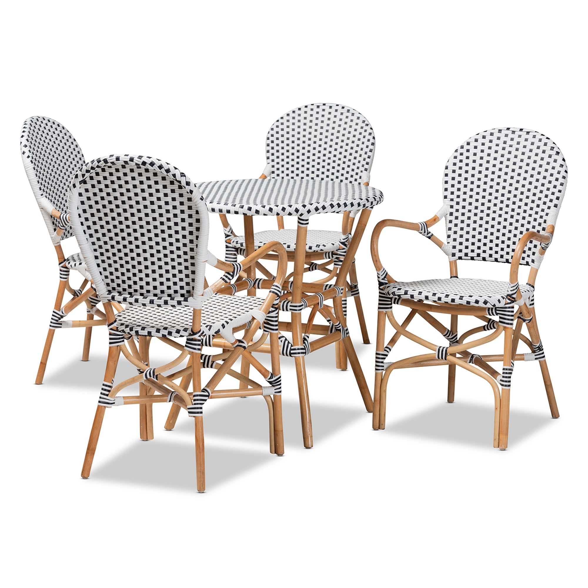 Baxton Studio Naila Classic French Black and White Plastic and Natural Brown Rattan 5-Piece Indoor and Outdoor Bistro Set
