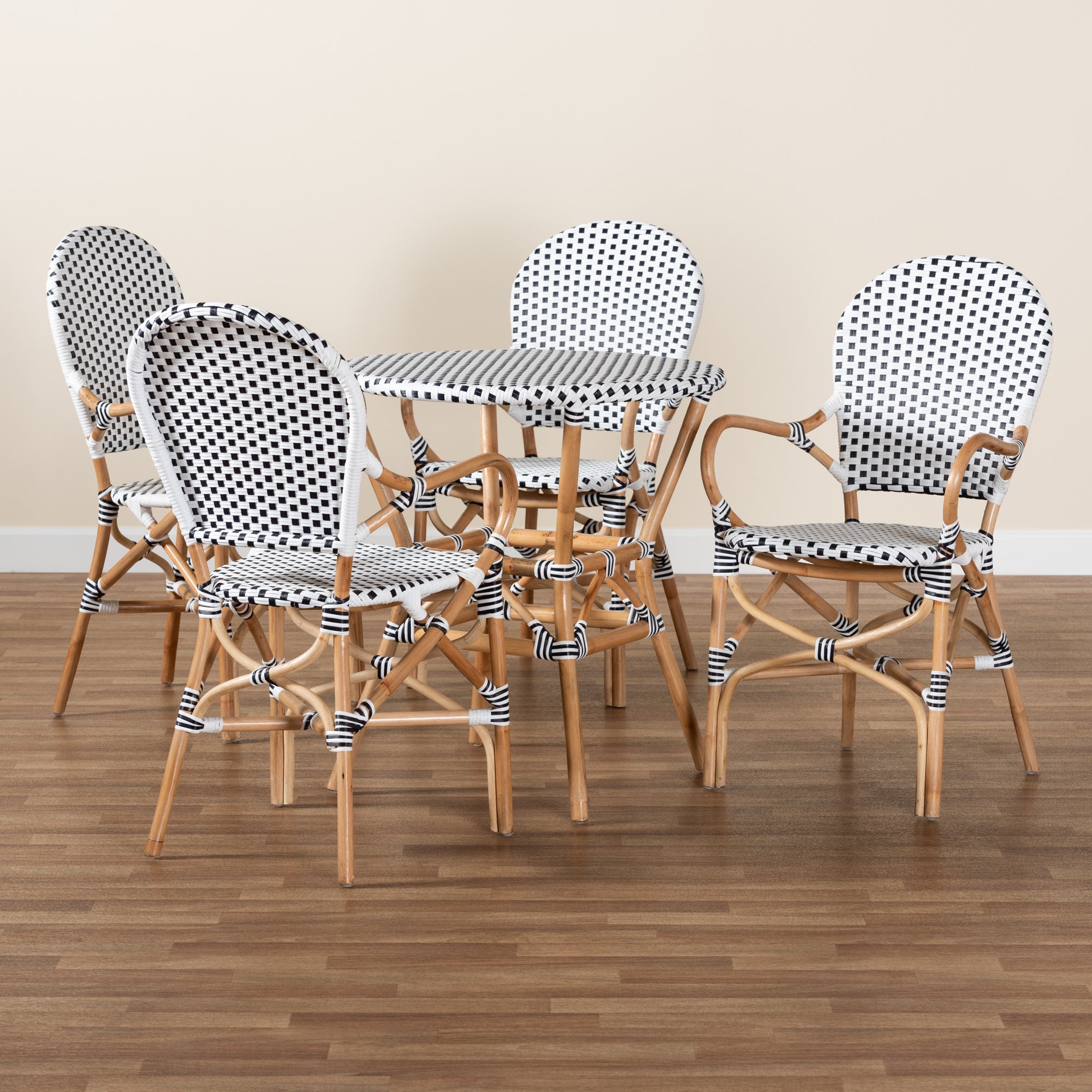 Baxton Studio Naila Classic French Black and White Plastic and Natural Brown Rattan 5-Piece Indoor and Outdoor Bistro Set