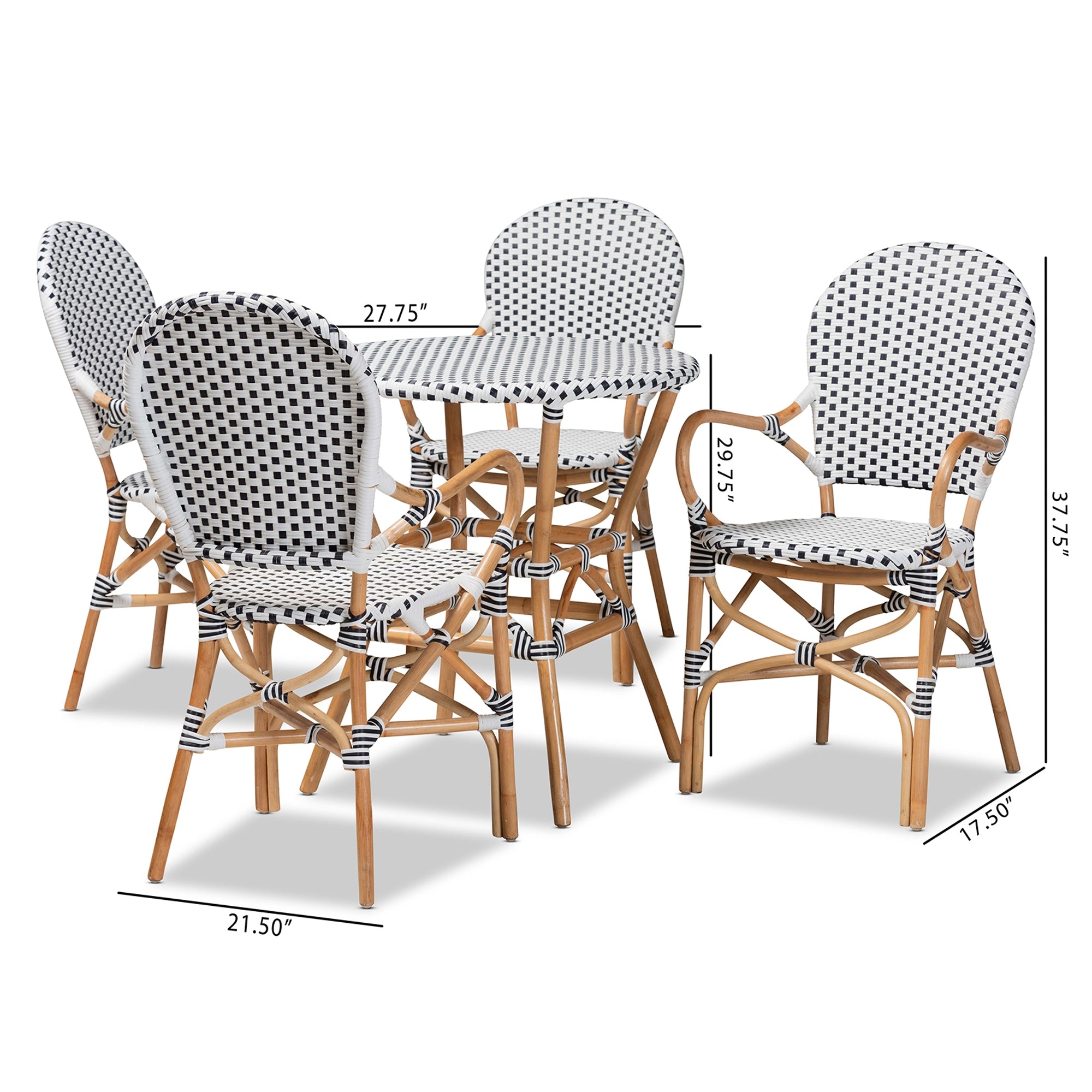 Baxton Studio Naila Classic French Black and White Plastic and Natural Brown Rattan 5-Piece Indoor and Outdoor Bistro Set