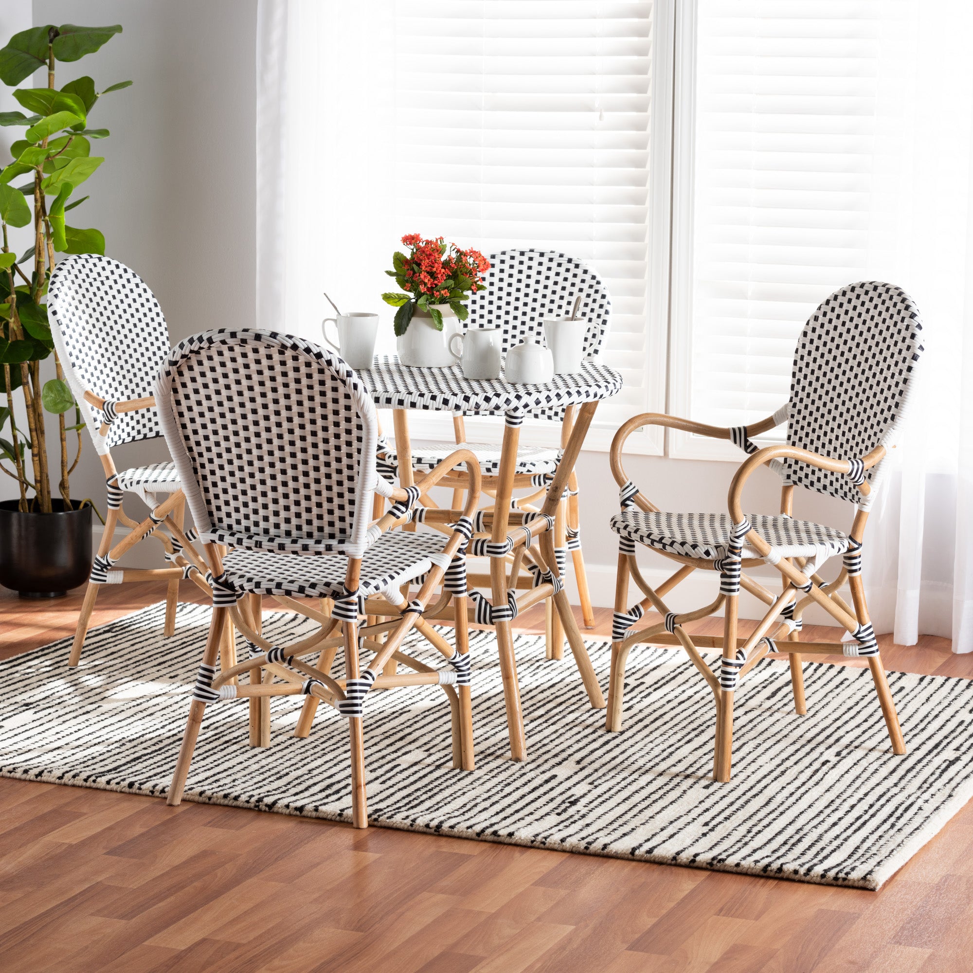 Baxton Studio Naila Classic French Black and White Plastic and Natural Brown Rattan 5-Piece Indoor and Outdoor Bistro Set